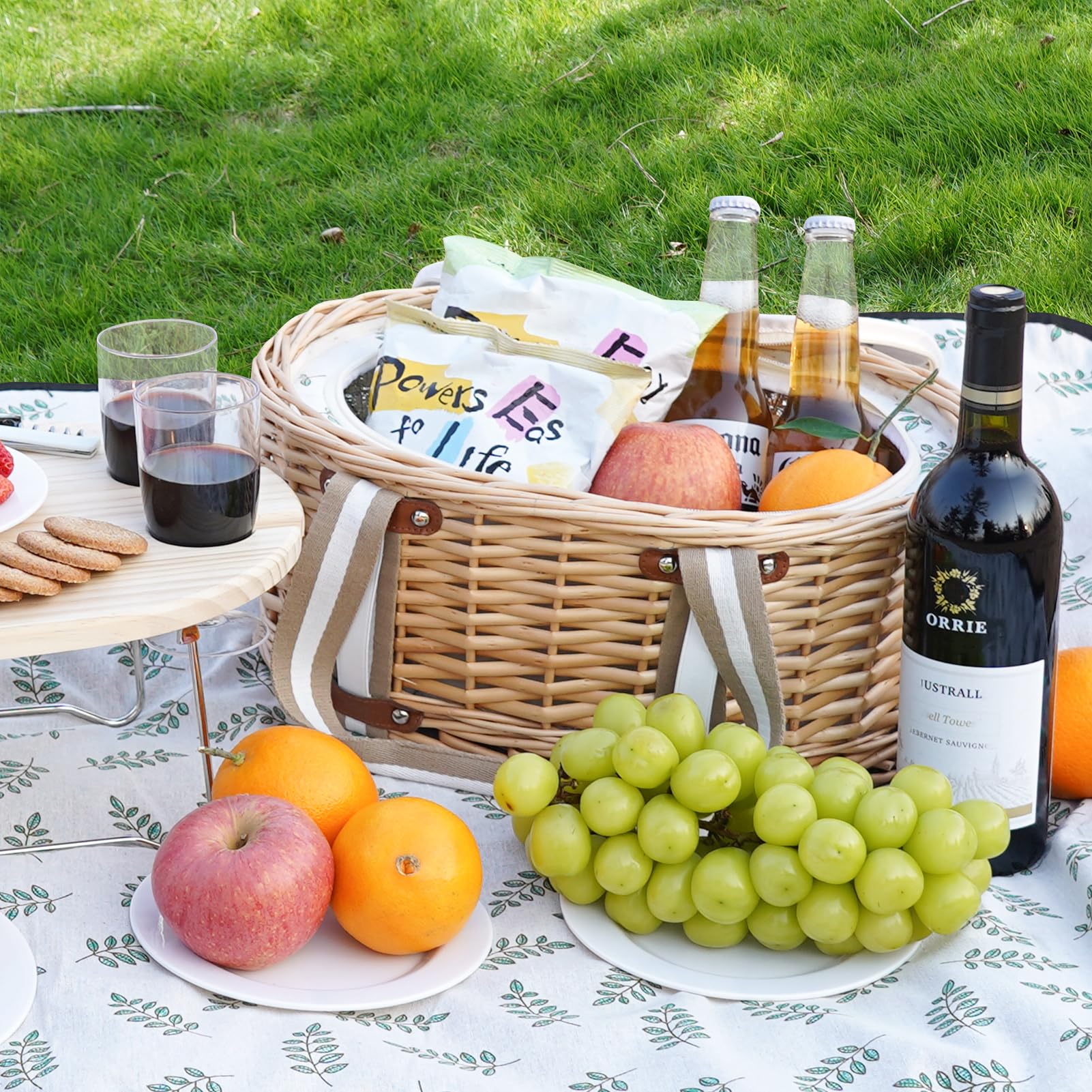 Panier de Pique-Nique Zettfuly pour 4 Personnes - Panier en Osier Isotherme avec Table à vin Pliante, kit de Pique-Nique à vin avec Doublure pour Couples, Camping, extérieur, Saint-Valentin (Feuille)