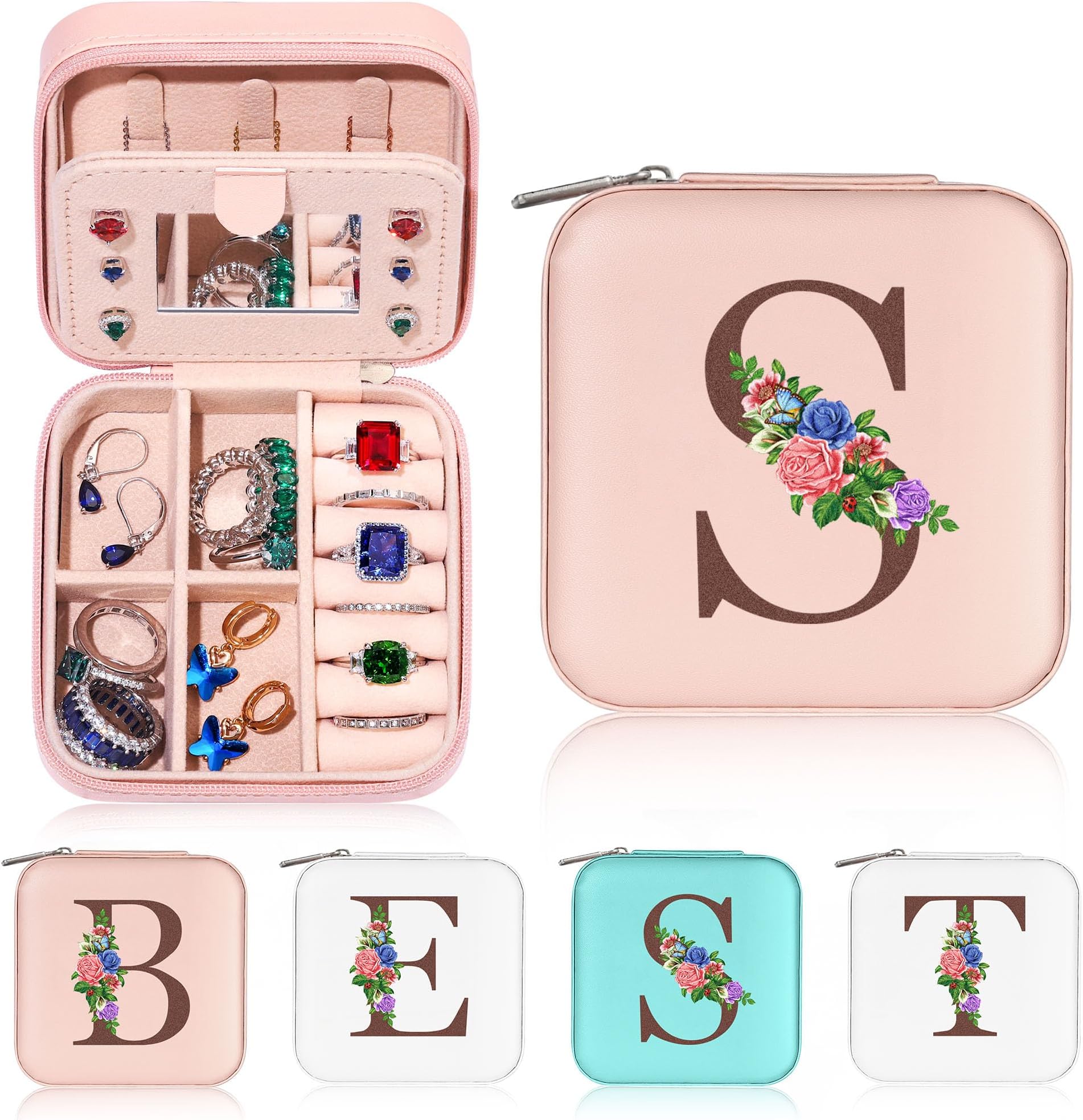 Yesteel Birthday-Personalized-Gifts-for-Women Bridesmaid Mom Friend Sister, Small Travel Jewelry Case Box Organizer, Ring Necklace Earring Holder Organizer with Mirror (Letter S)