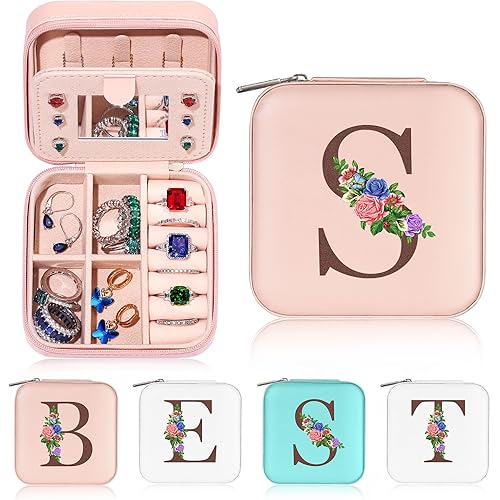 Yesteel Valentines Day Gifts for Mom - Initial Travel Jewelry Case Jewelry Box Jewelry Organizer, Ring Necklace Earring Jewelry Box With Mirror, Birthday Gifts for Mom Letter S