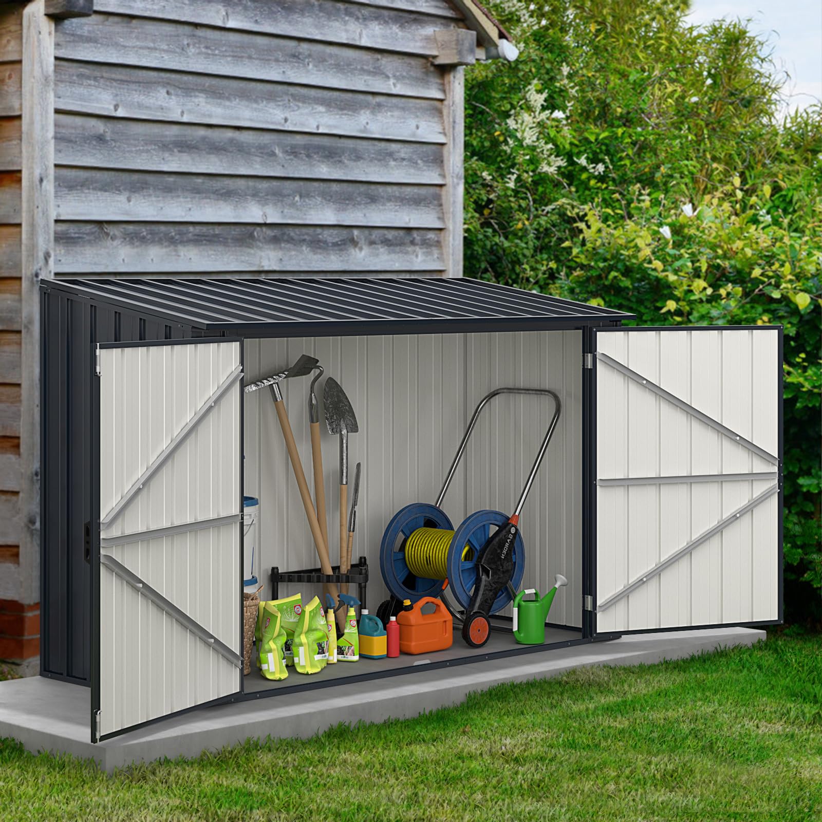 COSTWAY Mülltonnenbox für 2 x 120 L Mülltonnen, wetterfester Gartenschuppen mit abschließbarer Tür, Outdoor Geräteschuppen aus Metall, Gerätehaus für Fahrrad, Werkzeug