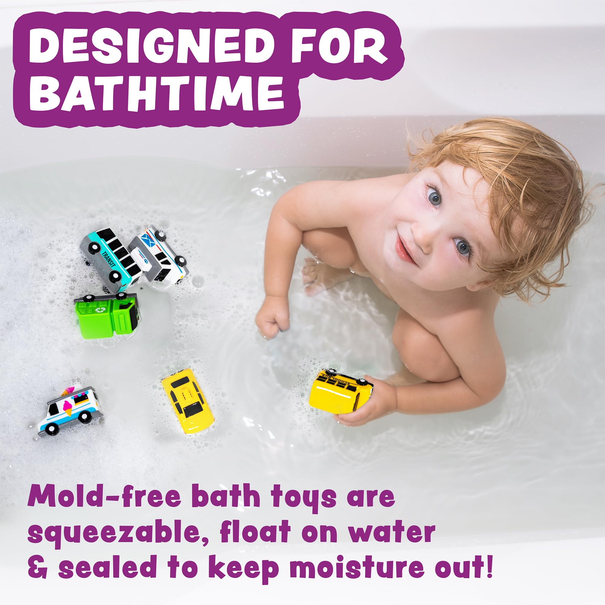 Condition photo showing New/Like New for Tub Works® Vehicles™ Bath Cars Mold Free Bath Toys, 6 Pack | Sealed, No Hole Bath Toys Design Keeps Moisture Out | Soft, Squeezable & Float on Water | Fun Baby & Toddler Bath Toys | City Car Bath Toys