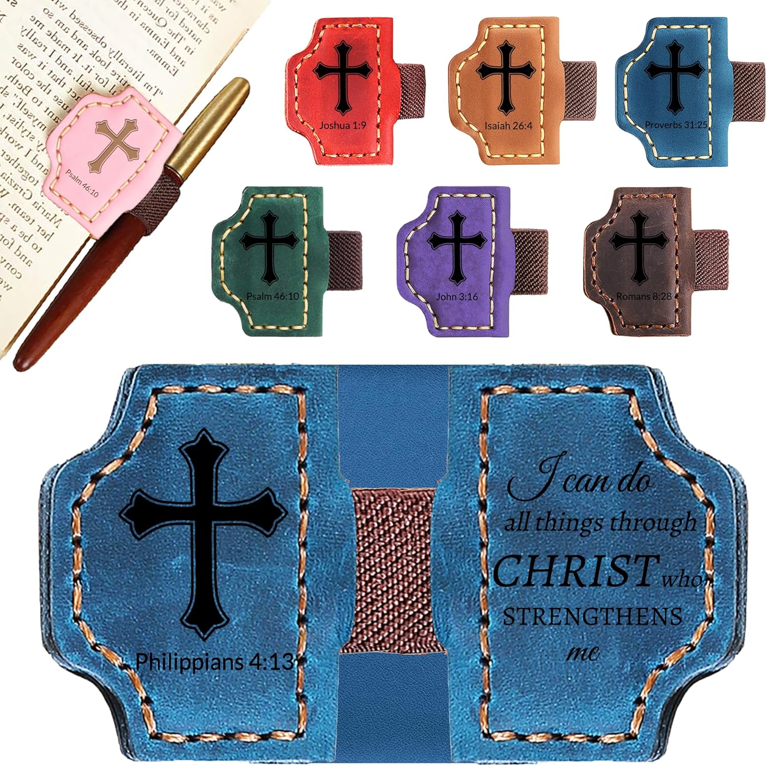 Bygone Mark Personalized Leather Bookmark with Pen Holder – Magnetic Bible Verse Design, Christian Book Lovers Reading Accessory, for Book Lovers Men Women (Blue, Philippians 4:13)