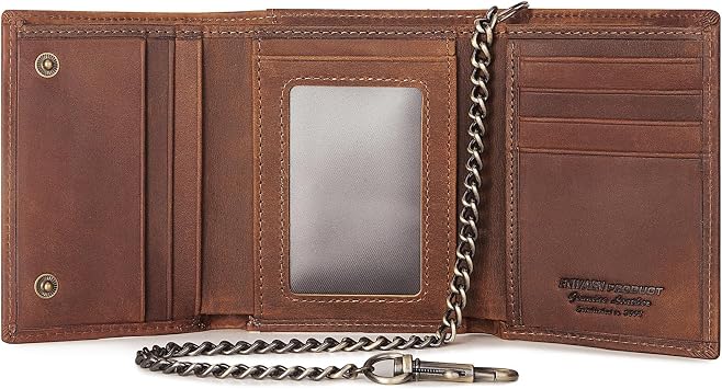 Trifold Mens Wallet with Chain, Genuine Leather Wallet RFID Blocking Anti-Theft Chain for Biker, Motorcycle Brown Color