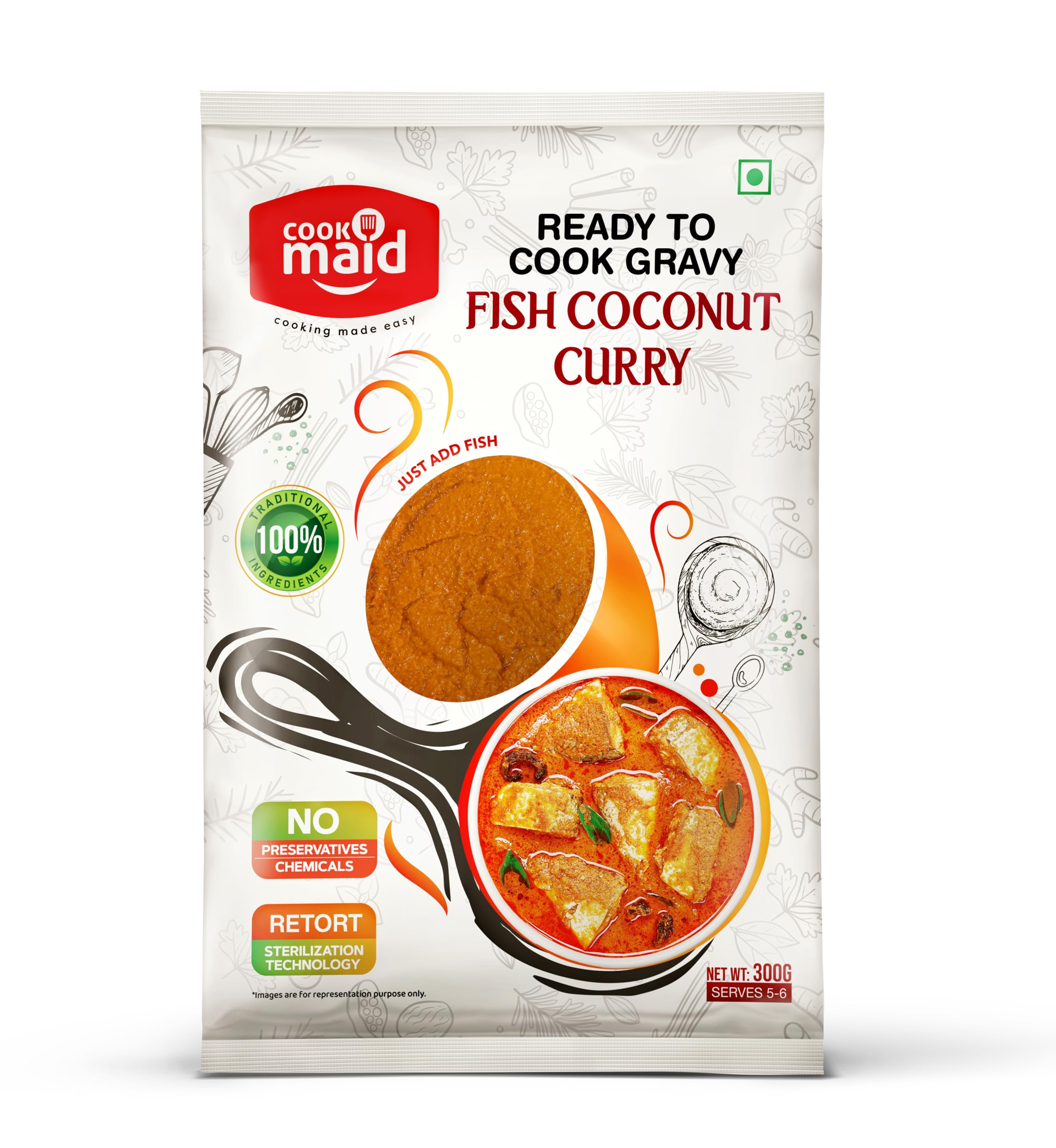 COOKMAID Fish Coconut Curry | Ready To Cook Gravy | Malabar Fish Masala Curry Paste | Instant & Easy to Make | No Food Additives Added | Pure Vegetarian Base | Just Add Fresh Fish | Indian Masala Gravy | No Preservatives | Serves 5-6 | 300g