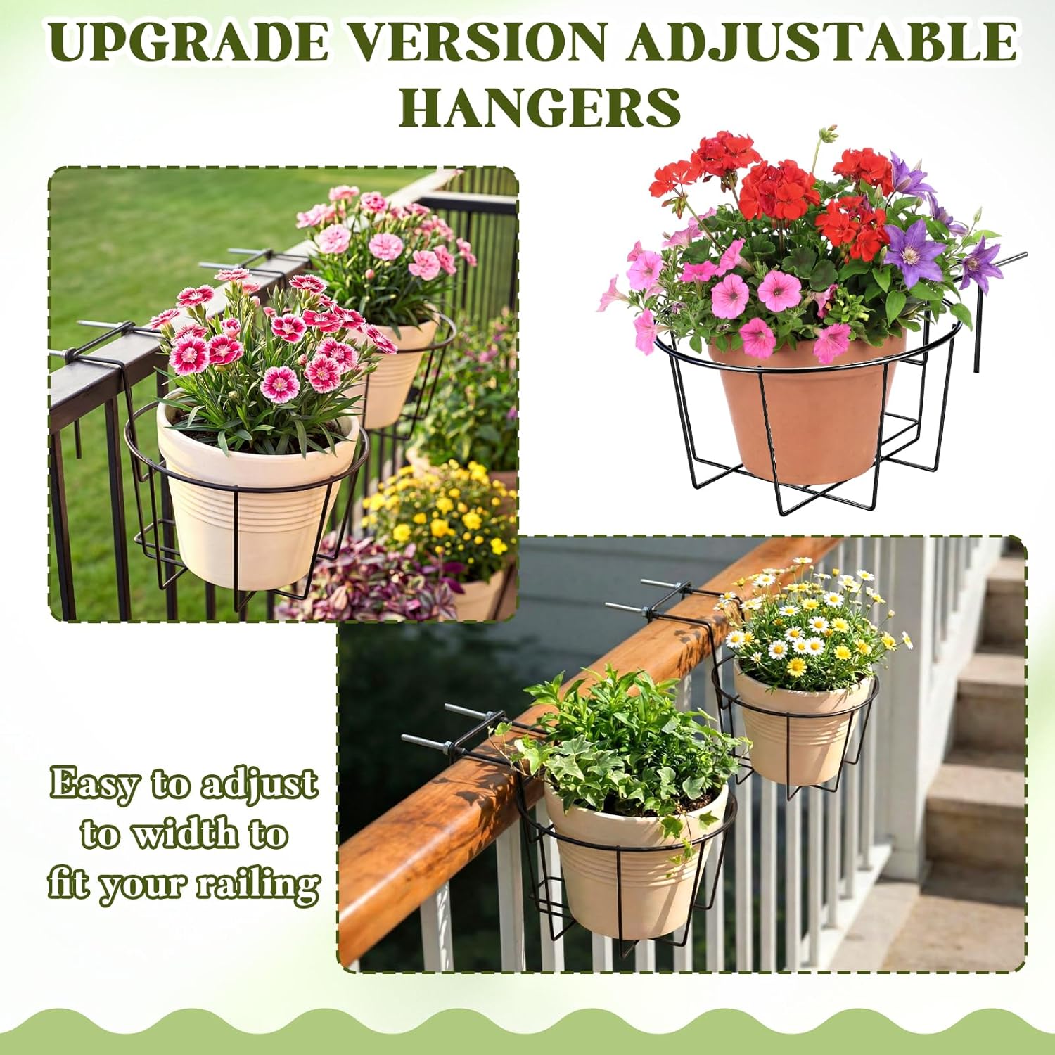 Novabright 3 Pcs Adjustable Hanging Railing Planter Fit for 1.5 to 5 Inches Railing Metal Hanging Plant Baskets Fence Plant Holder for Outdoor Garden Fence Balcony Deck Porch, 10 Inch, Black