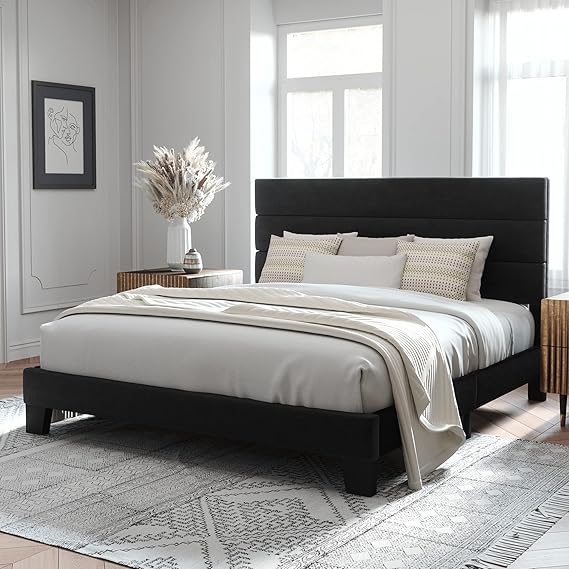 Allewie King Size Platform Bed Frame with Velvet Upholstered Headboard