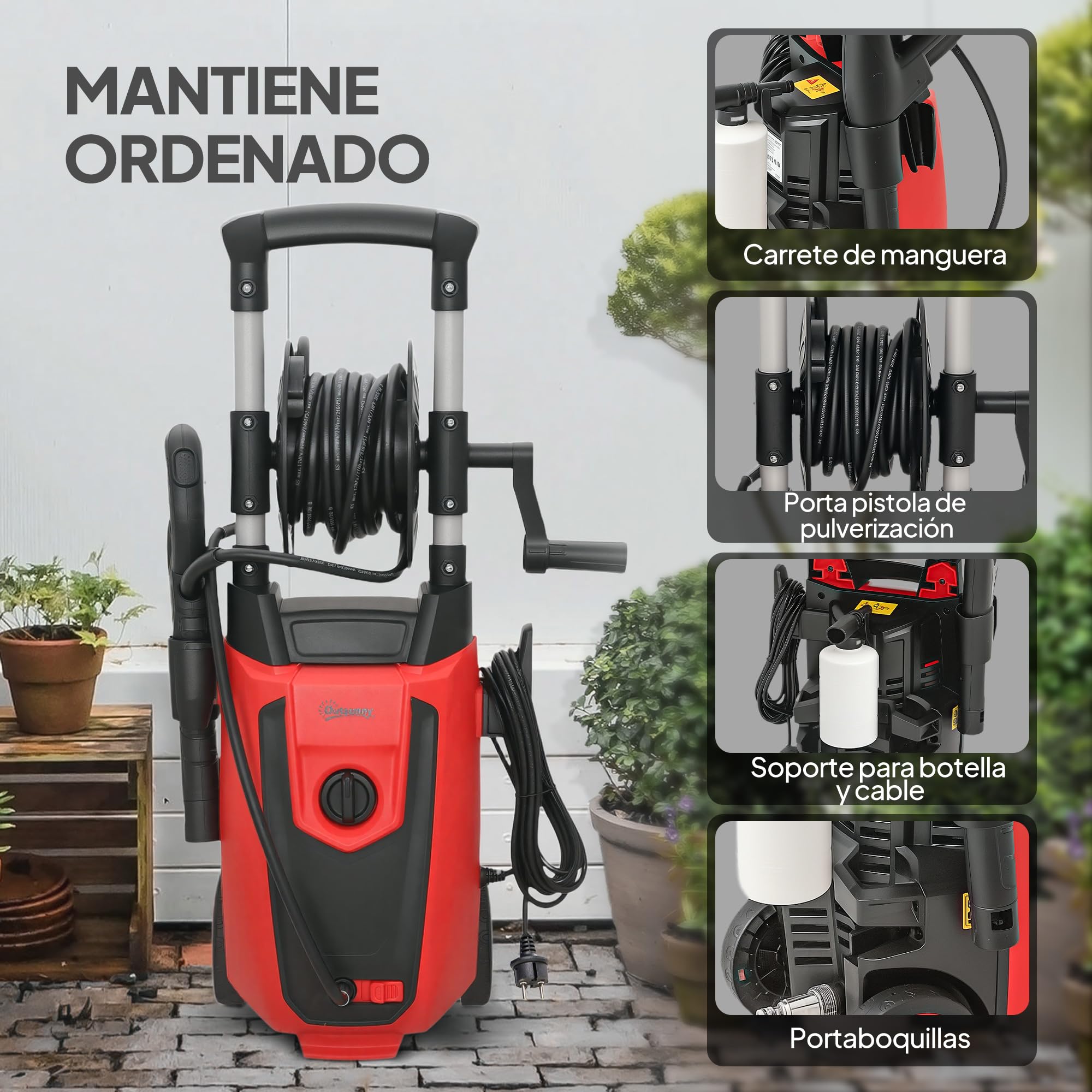 Outsunny Hidrolimpiadora de Alta Presión 1800W, Presión 150 Bar, Caudal 420 L/h, con Bomba de Aluminio, Parada Automática, Manguera de 6 m, Incluye Botella de Espuma y Boquilla Ajustable, Rojo y Negro