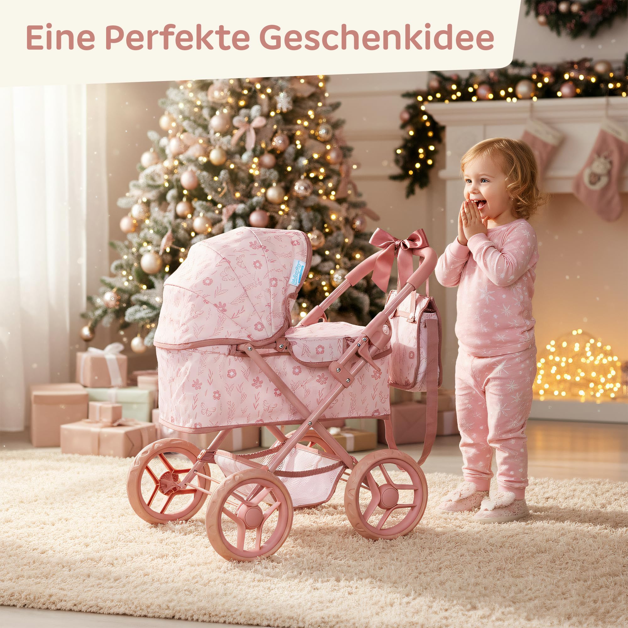 Kinderplay wózek dla lalek od 3 lat – Głęboka gondola z torbą i koszem – Lekka konstrukcja z cichymi piankowymi kołami – Wózek-zabawka dla lalek do 30 cm