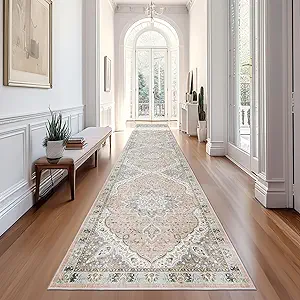 Madane Hallway Runner Rug 2x12, Extra Long Washable Runner Rugs with Rubber Backing, Non Slip Carpet Runner for Hallway, Vintage Rug Runners for Kitchen Laundry Room Entryway (Pink/Gray, 2'x12')