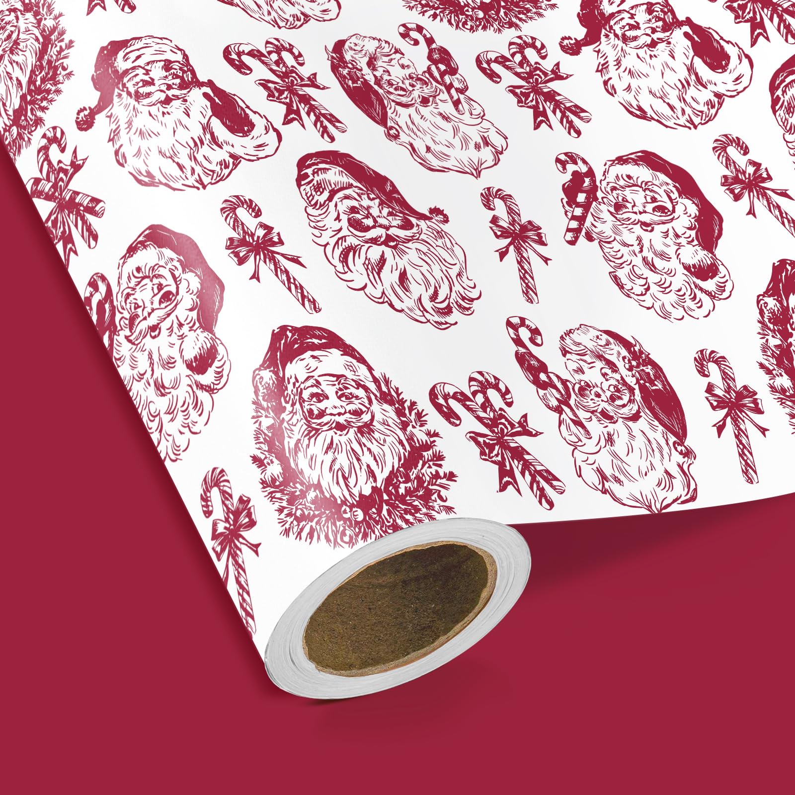 RUSPEPA Reversible Red Christmas Wrapping Paper - Mini Roll - 43.2cm x 5m - Vintage Red Sketch Candy Cane and Santa Wrapping Paper with Solid Burgundy Design for Christmas, Winter Season