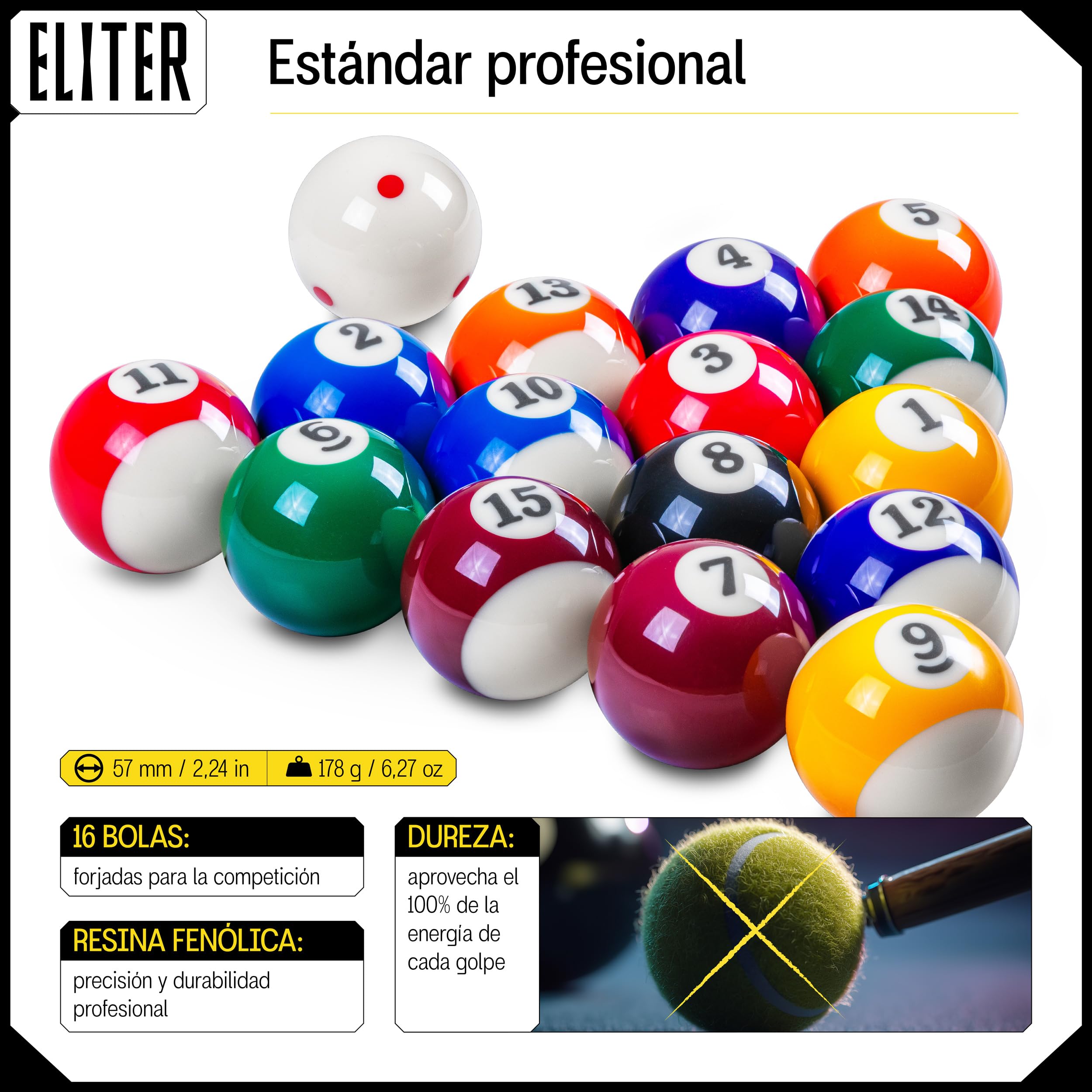 Juego de Bolas de Billar de Resina Fenólica – 16 Bolas de Billar 2-1/4 Pulgadas (57,2 mm) con Bola Blanca para Mesas de Billar Estándar