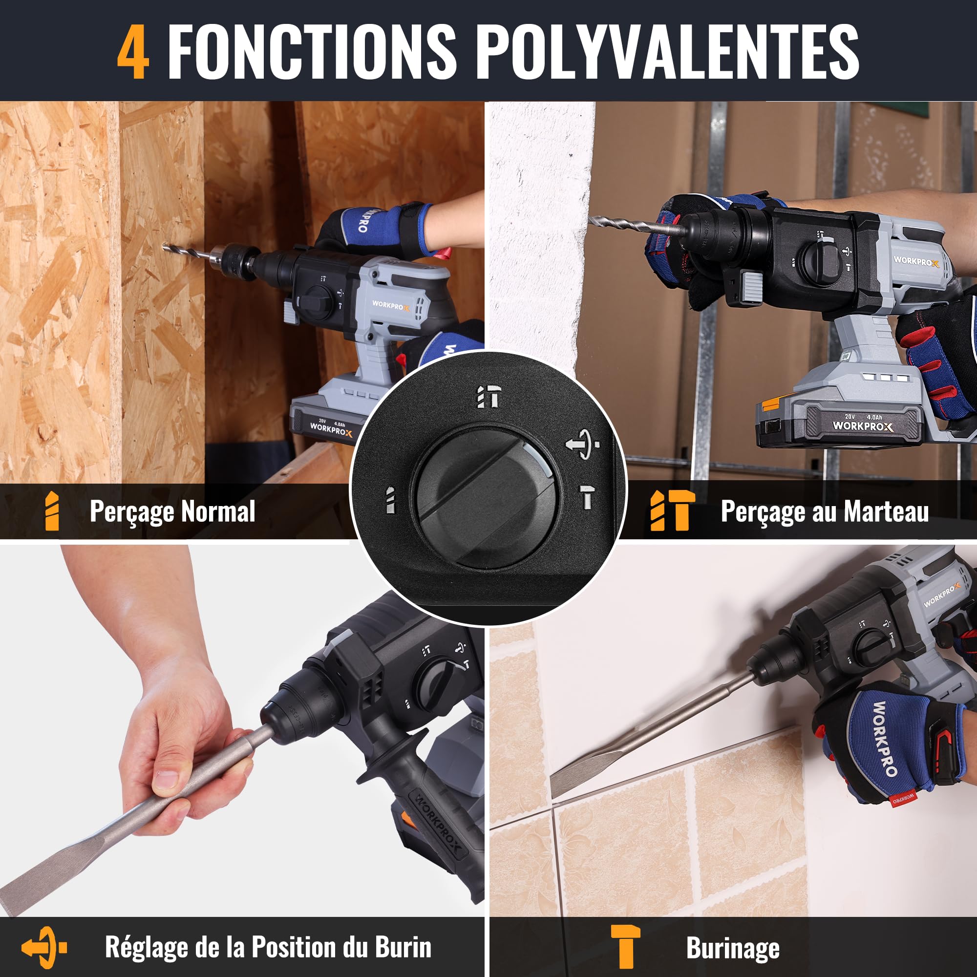 WORKPROX Marteau Perforateur sans Fil 20V | Perceuse à Percussion SDS-Plus, 4 Fonctions Polyvalentes pour Perçage et Burinage