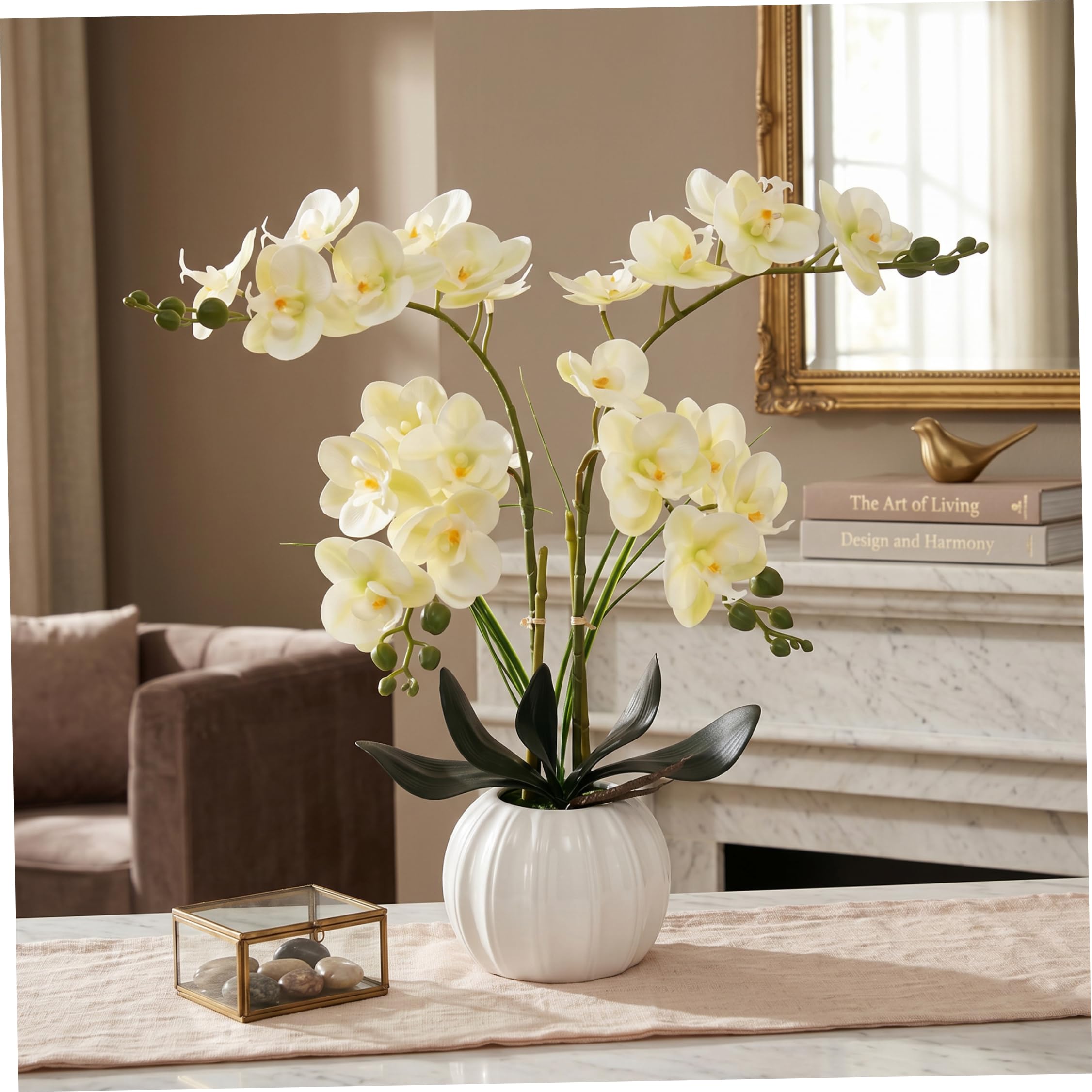 Latemeia Artificial Orchid in Pot, 24-head Orchids Artificial Flowers, Faux Flowers That Look Real For Indoor Decor, White & Green, 17.72x5.51x3.94inch, Ornaments extérieurs