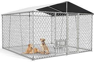10x10 Outdoor Dog Kennel and Run with Covered Bowls and Locking Gate