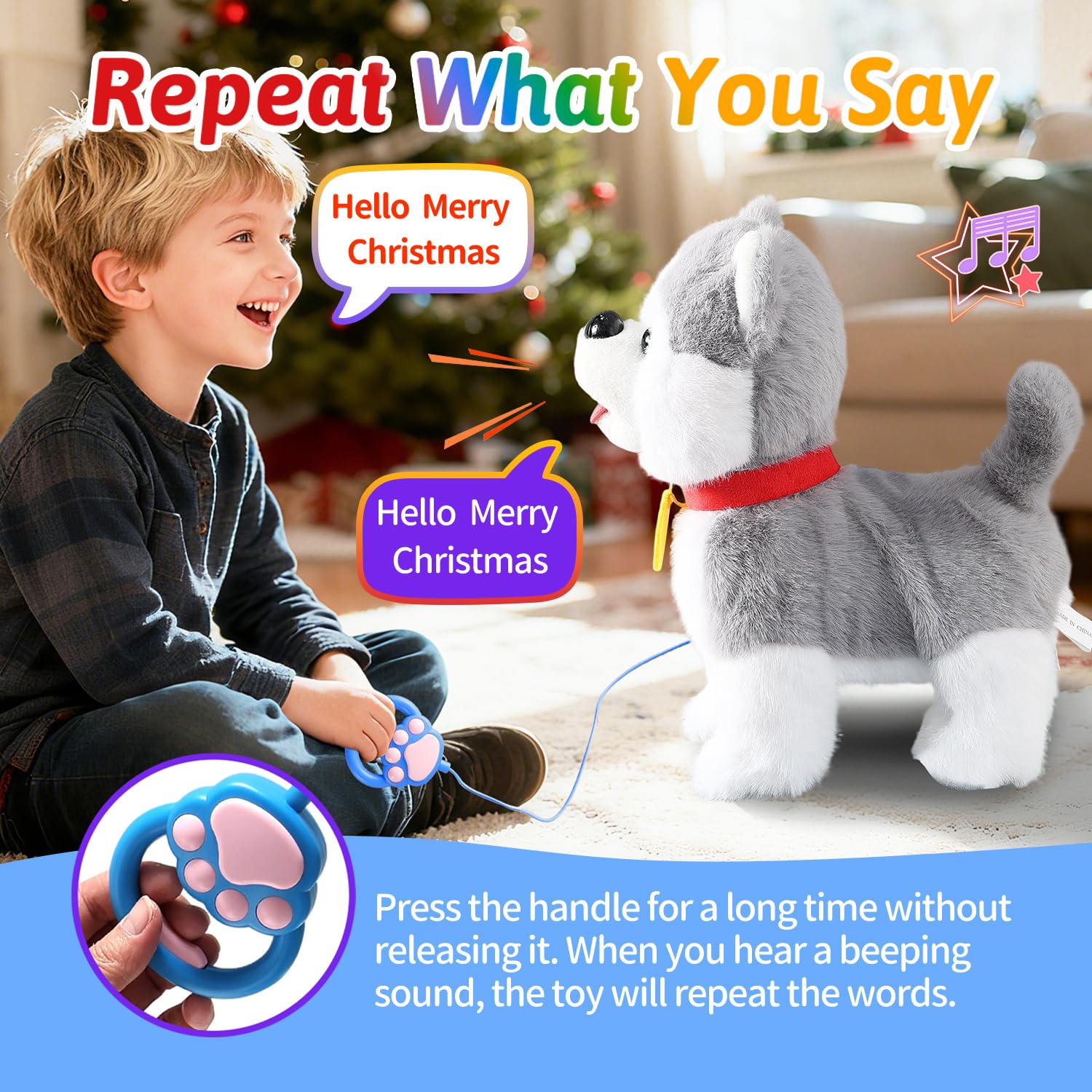 Jouet husky chantant qui marche qui aboie et répète ce que vous dites - Queue réaliste et léchante - Chien mécanique avec touche électronique ou parole