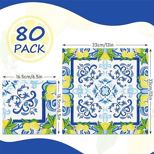 Miniatura 2 de JarThenaAMCS 80 servilletas de papel de limón cian-azul azulejo de almuerzo servilletas desechables de acuarela limón para primavera verano
