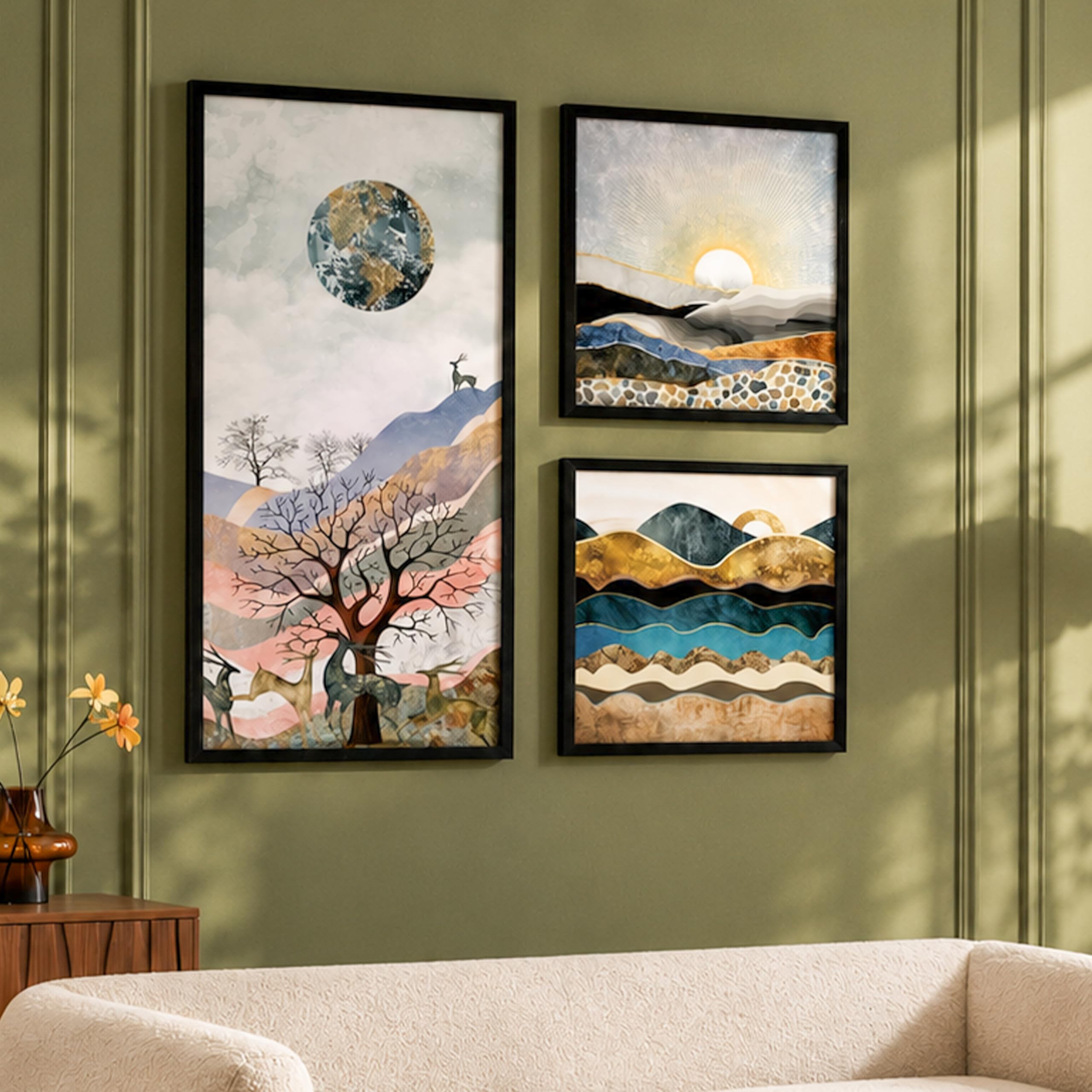 Landscape Deer Art Prints - Set of 3 Framed Wall Decor -12