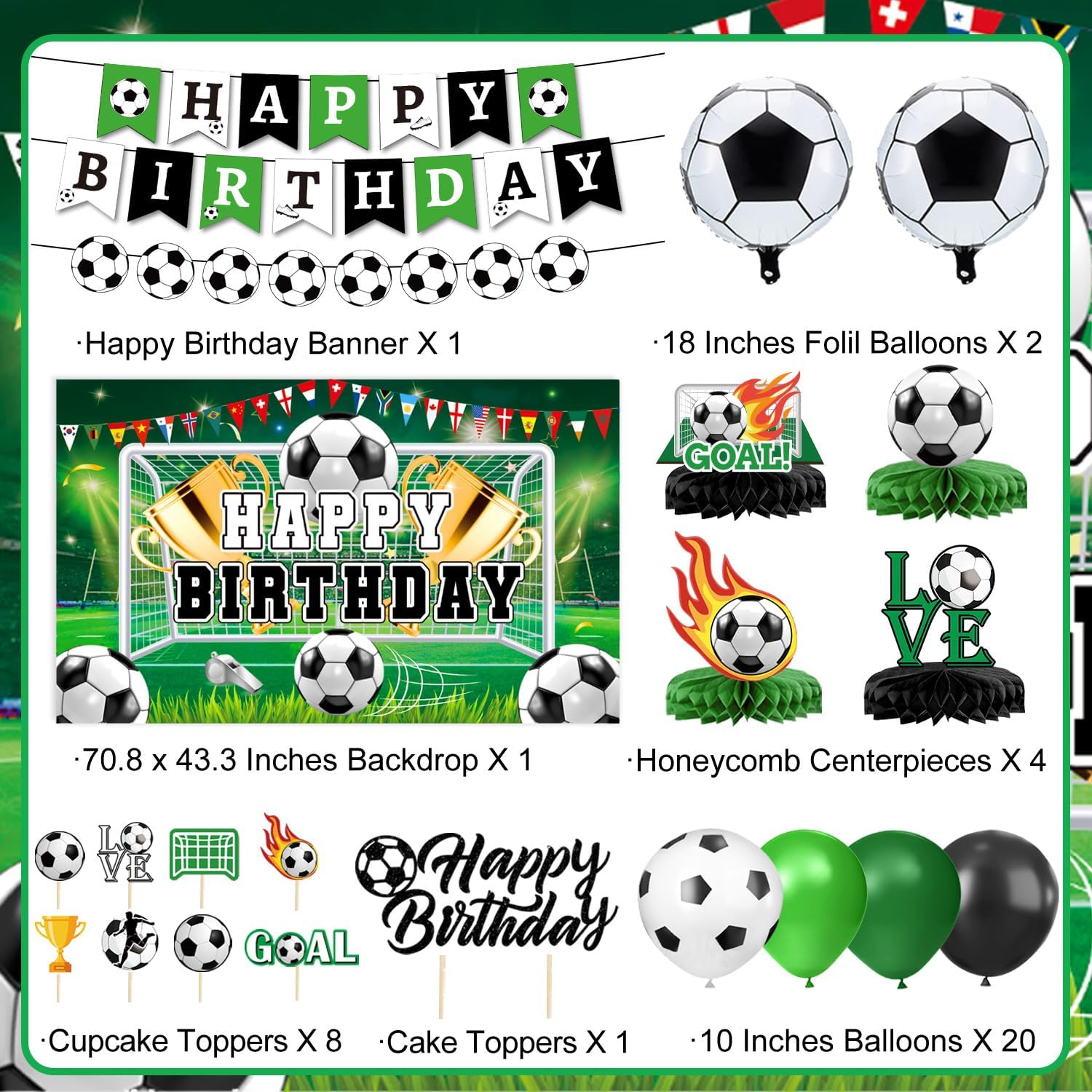 Soccer Birthday Party Decorations Includes Banner, Backdrop, Foil & Latex Balloons, Cake & Cupcake Toppers, Honeycomb Centerpieces for Boy Soccer Themed Party Decorations - Image 2