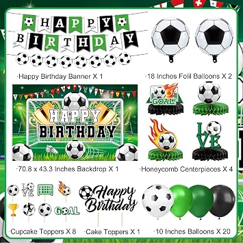 Soccer Birthday Party Decorations Includes Banner, Backdrop, Foil & Latex Balloons, Cake & Cupcake Toppers, Honeycomb Centerpieces for Soccer Themed Party Decorations