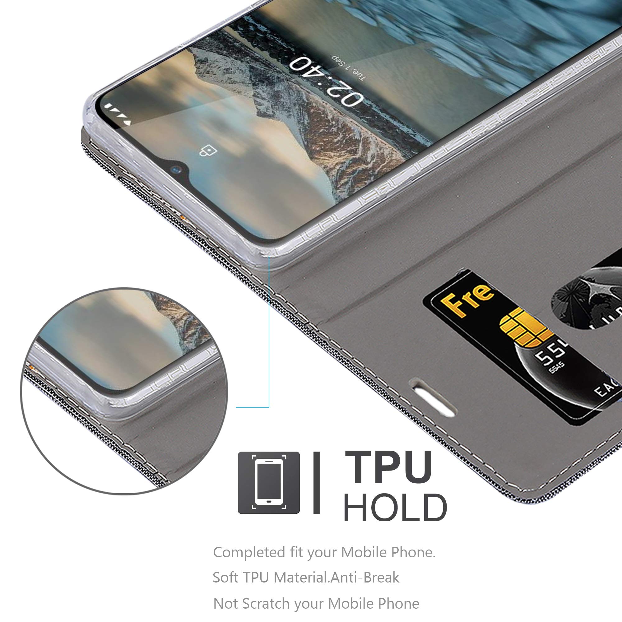 Custodia Portafoglio Per Nokia 7.1 (2018) - Cover Libro Con Tessuto Grigio E Nero, Chiusura Magnetica E Vani Carte