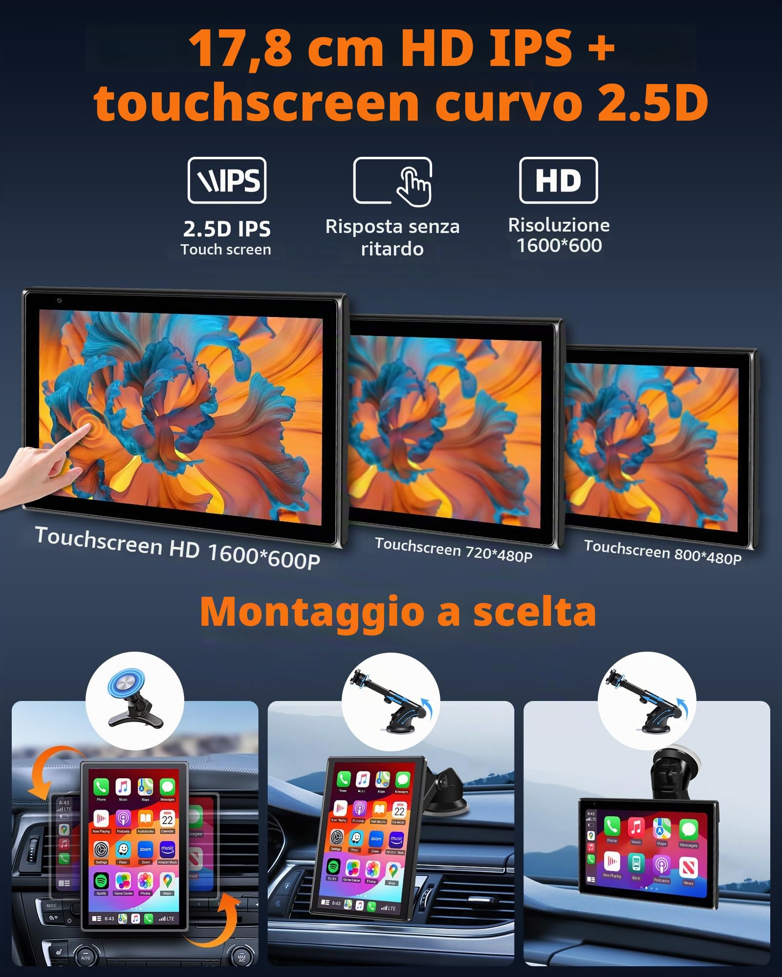 2025 Orizzontale/Verticale Carplay Auto Schermo Android Auto, 7 Pollici Carplay Android Auto Wireless con Aggiornamento OTA Supporto Magnetico Autoradio Bluetooth con Navigazione GPS Superlink
