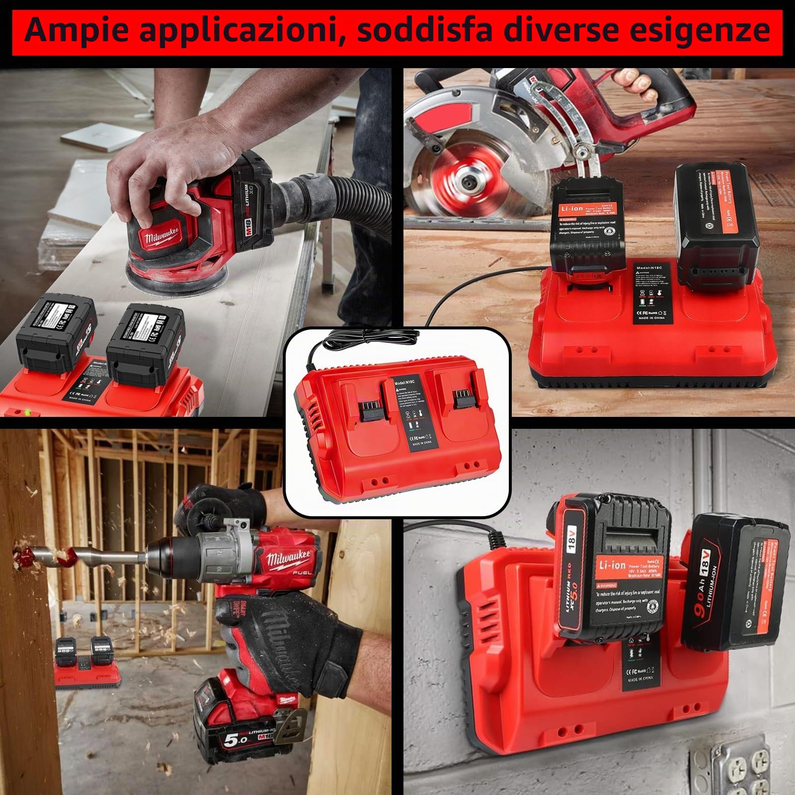 Caricabatterie Compatibile con Milwaukee M18 18V, Doppia Porta Rapida | Caricatore multiplo di ricambio compatibile con 48-59-1812/1802/1804, ricarica due batterie contemporaneamente