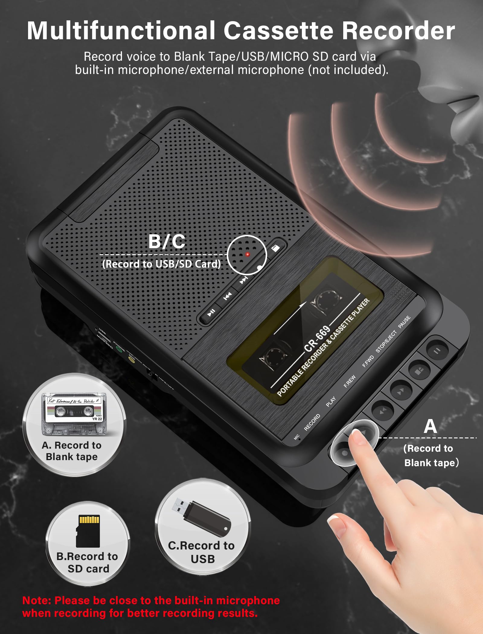 Gracioso Lecteur de cassette, lecteur de cassette portable en musique MP3 via disque U/carte SD ou PC, enregistrement sur cassettes/USB/carte SD via micro, lecteur de cassettes avec prise casque
