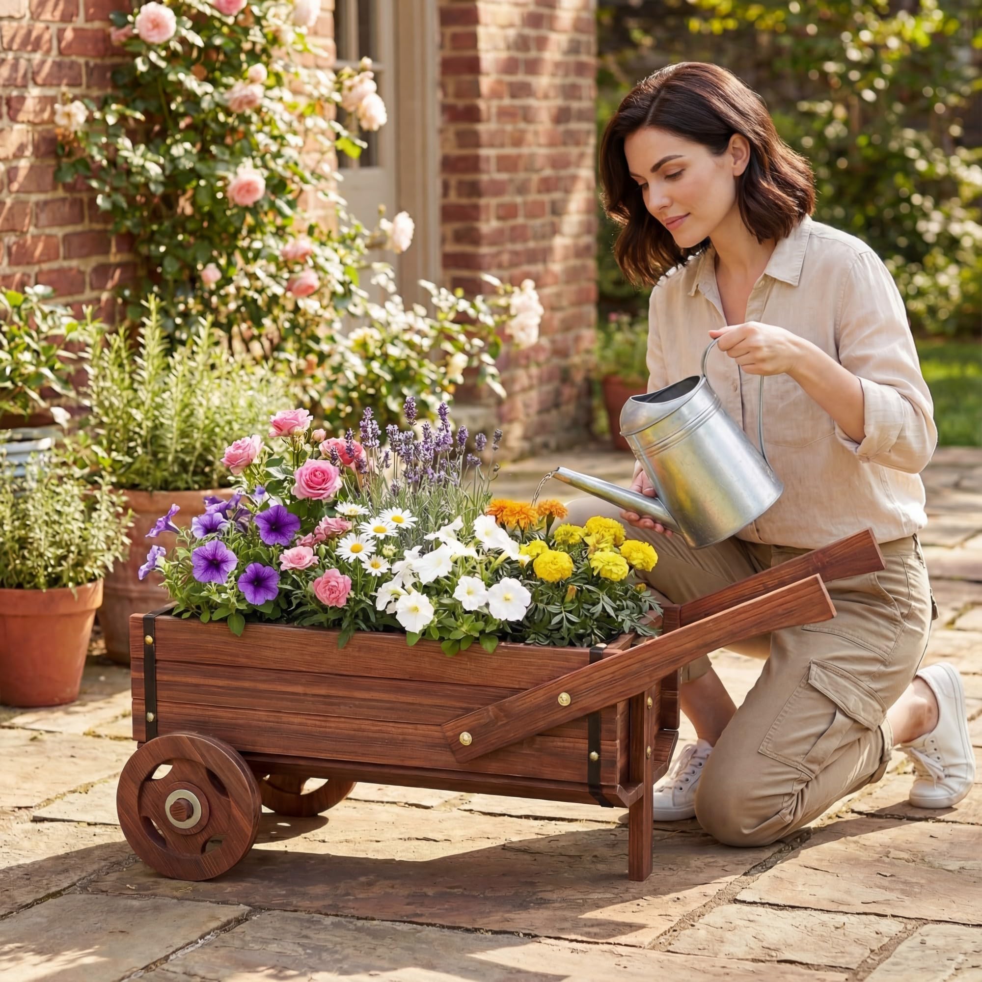 HOMASIS Carriola da Giardino in Legno, Carrello per Piante con Manico e Ruote, Fioriera Rialzata da Esterno con Fori di Drenaggio, Decorazione per Giardino, Balcone, Terrazza (81 x 40 x 38,5 cm)