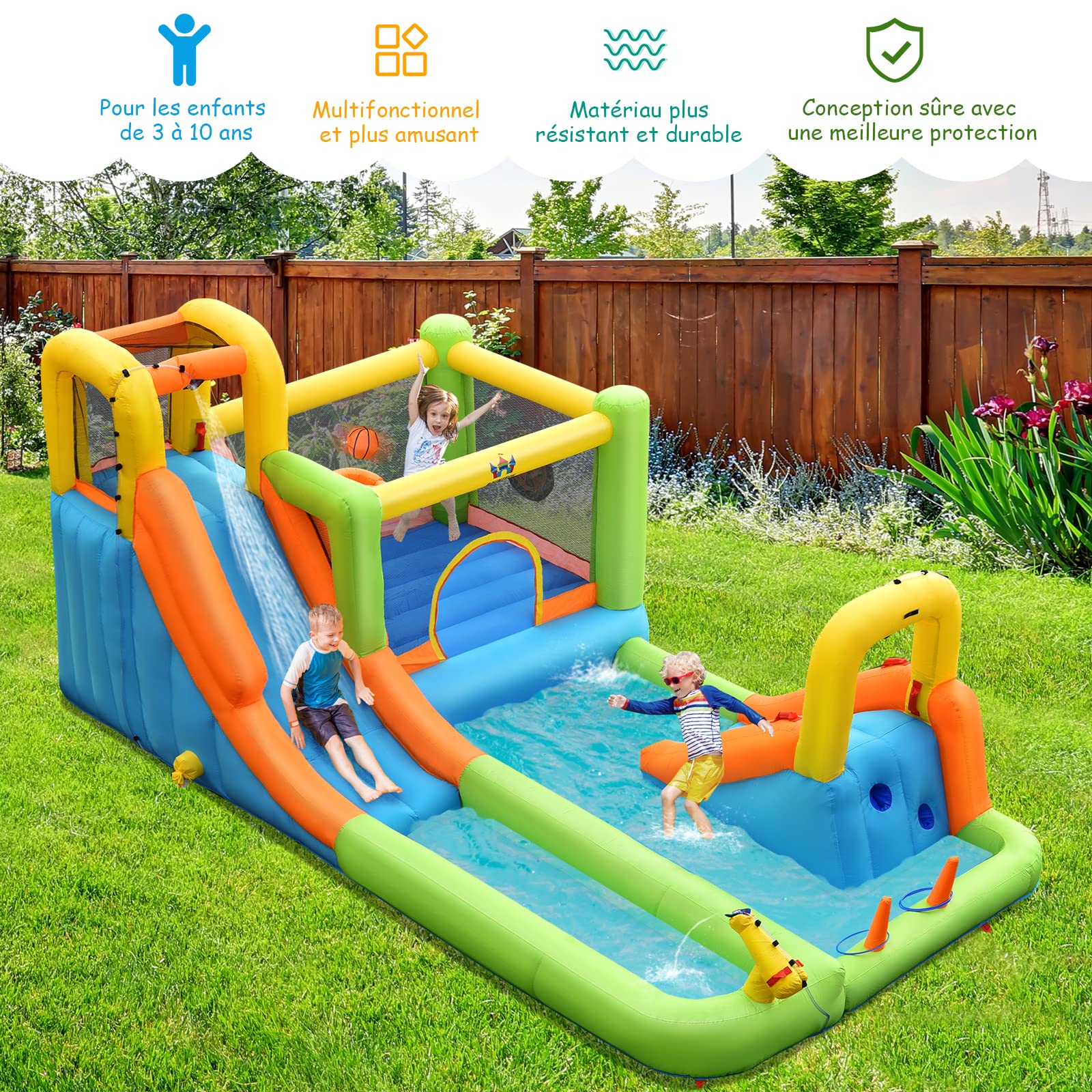 GOPLUS Castillo Hinchable para Niños, Hinchable Grande con Piscina, Pistola de Agua Tobogán Acuático, Adecuado de 3 a 10 Años, ‎504 x 295 x 217 cm