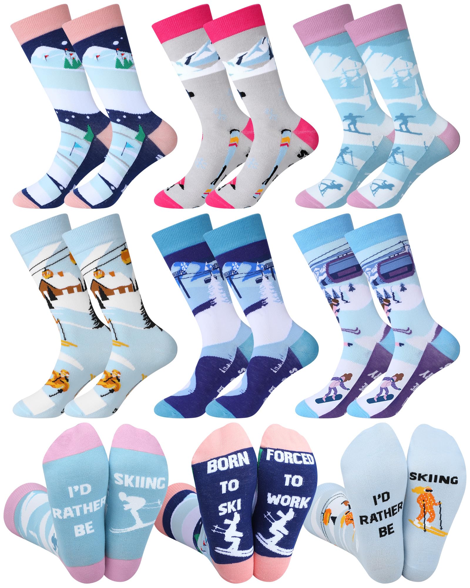 6 Pairs Funny Ski Crew Socks Novelty Skiing Gift Socks Winter Snowboarding Gift for Ski Lovers Skiers Men
