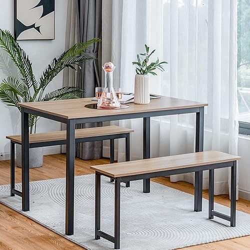 Miniatura 18 de LDAILY Moccha - Juego de mesa de comedor para 4, mesa de cocina con bancos, juego de comedor de madera de 43 pulgadas que ahorra espacio con marco