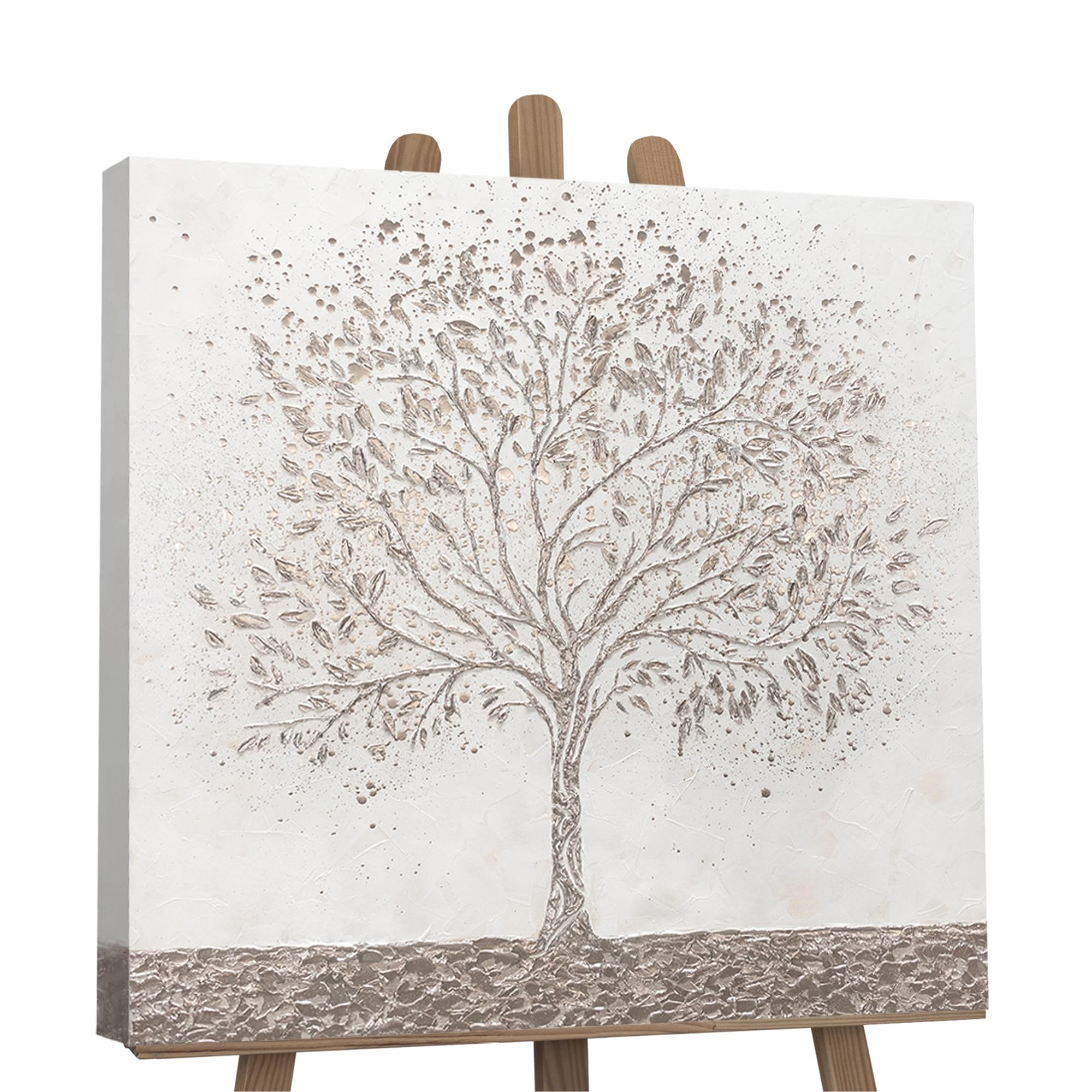 Ys Grey -Art Hand-Painted Acrylic Painting On Canvas Wealth Tree Wall Art With Abstract In White And Silver Color Winter Landscape 40X40 Inch
