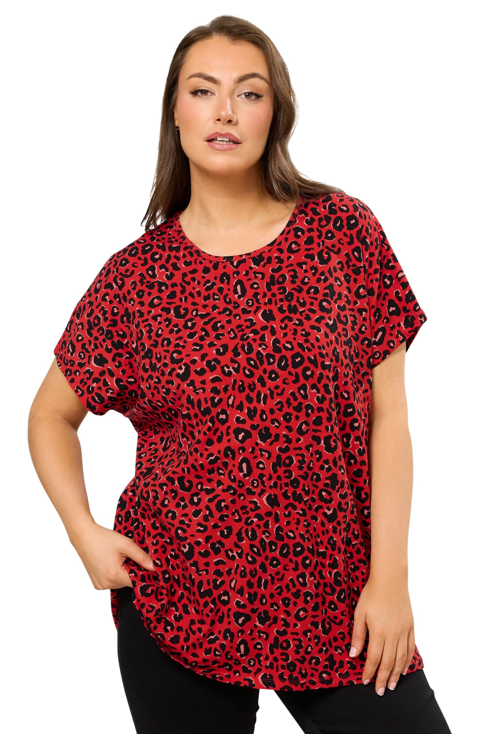Yours Women's Red Leopard Drop Shoulder Top In | Size: 26-28