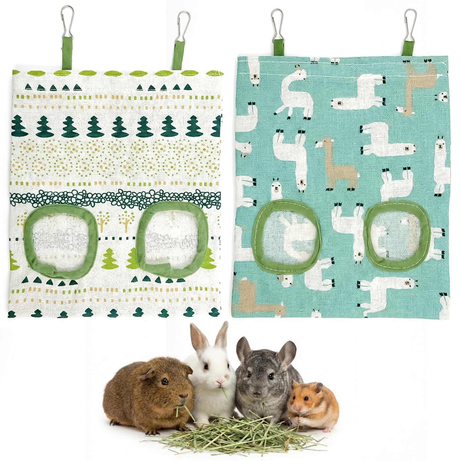 Haoyic 2 Pcs Rabbit Hay Feeder Bag Set - Green and White Hanging Hay Racks, 2 Windows Design for Clean Feeding of Small Pets