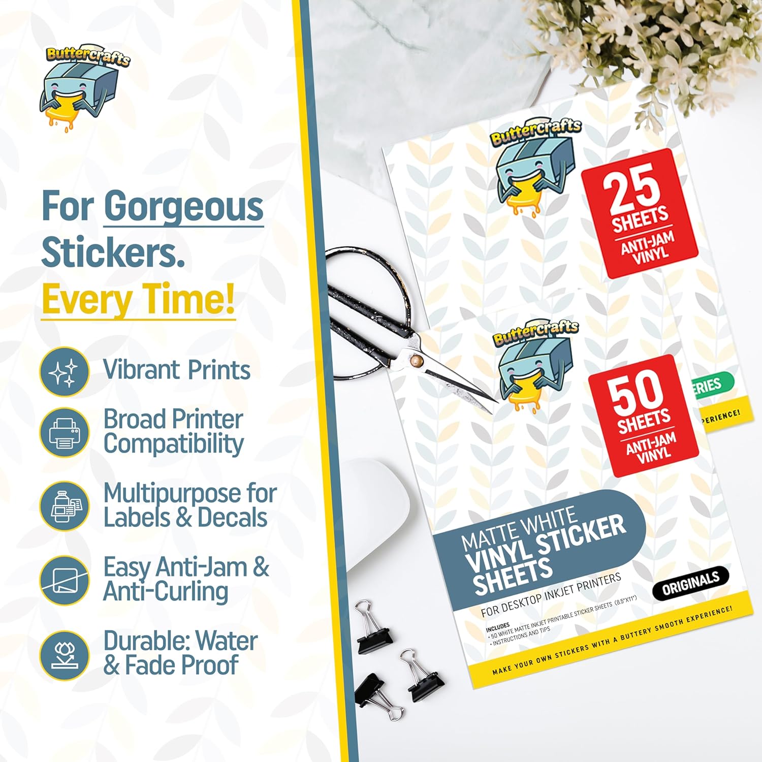 Matte Printable Vinyl Sticker Paper Waterproof 50 Sheets 8.5"x11", Inkjet Printer (Epson Printers Compatible) - Weatherproof White Sticker Sheets - Strong Adhesive