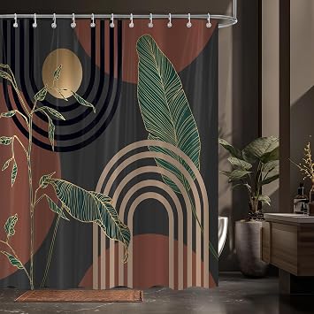 Brown Mid Century Abstract Shower Curtain for Bathroom Decor, Boho Modern Sun Minimalist Aesthetic Geometric Shower Curtains, Retro Neutral Polyester Fabric Waterproof Shower Curtains 60Wx72H