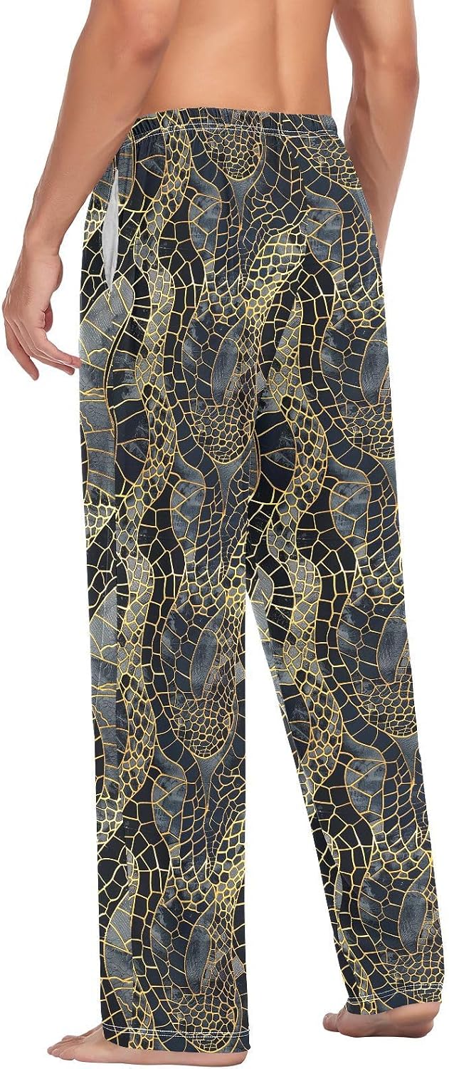 ALAZA Snake Skin Print Gold Men's Pajama Pants Men Cotton Pajama Bottoms with Pockets, S