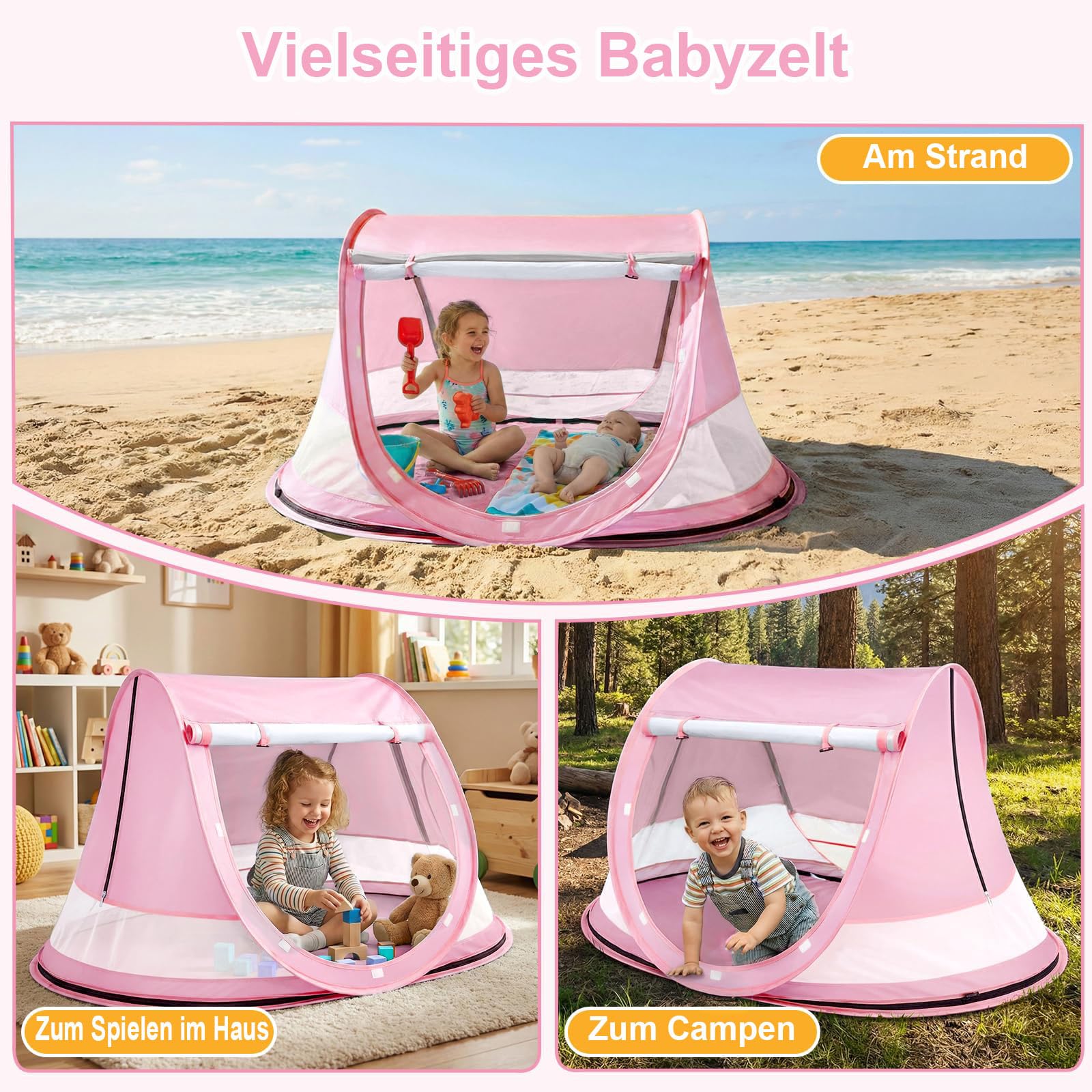 Strandmuschel Baby uv Schutz 50, Pop up Strandzelt als Sonnenschutz für den Strand, 360° Moskitonetz Zelt, Inklusive Tragetasche für Reisen und Camping, Geeignet für Sand und Rasen