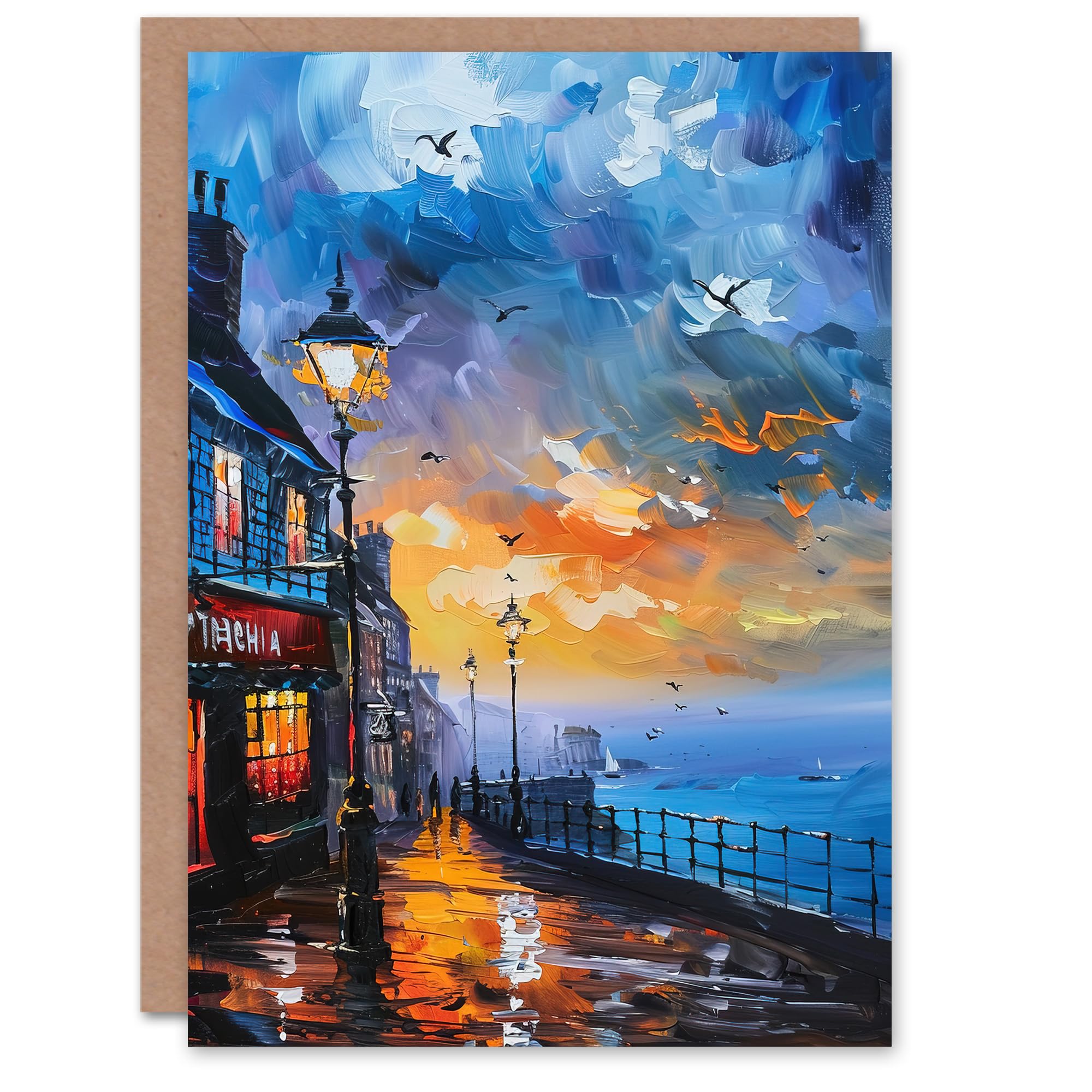 Artery8 Seaside Town Promenade Sunset Oil Painting Greeting Birthday Card Him Her All Blank