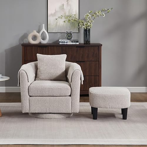 FLEXISPOT Swivel Barrel Accent Chair with Ottoman, 360 Degree Swivel Round Chairs with Removable Throw Pillow, Upholstered in Chenille, Reading Sofa for Living Room, Bedroom (Light Gray)