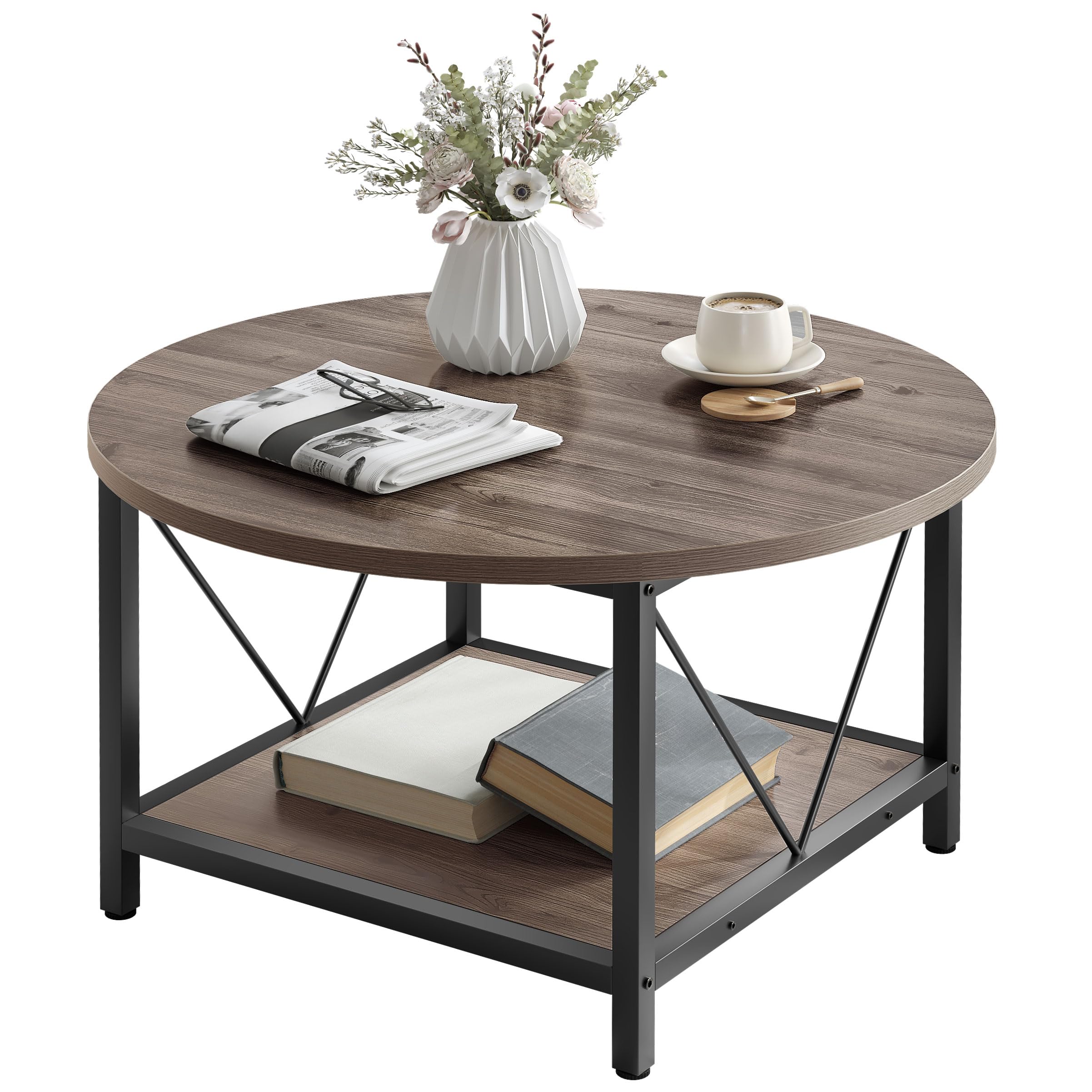 YITAHOME Mesa Auxiliar Redonda, Mesa Central Retro 80 x 80 x 46 cm, con Estante de Almacenamiento, Mesita Baja Sofá Industrial Moderna con Patas de Metal Resistentes, para Sala de Estar, Gris
