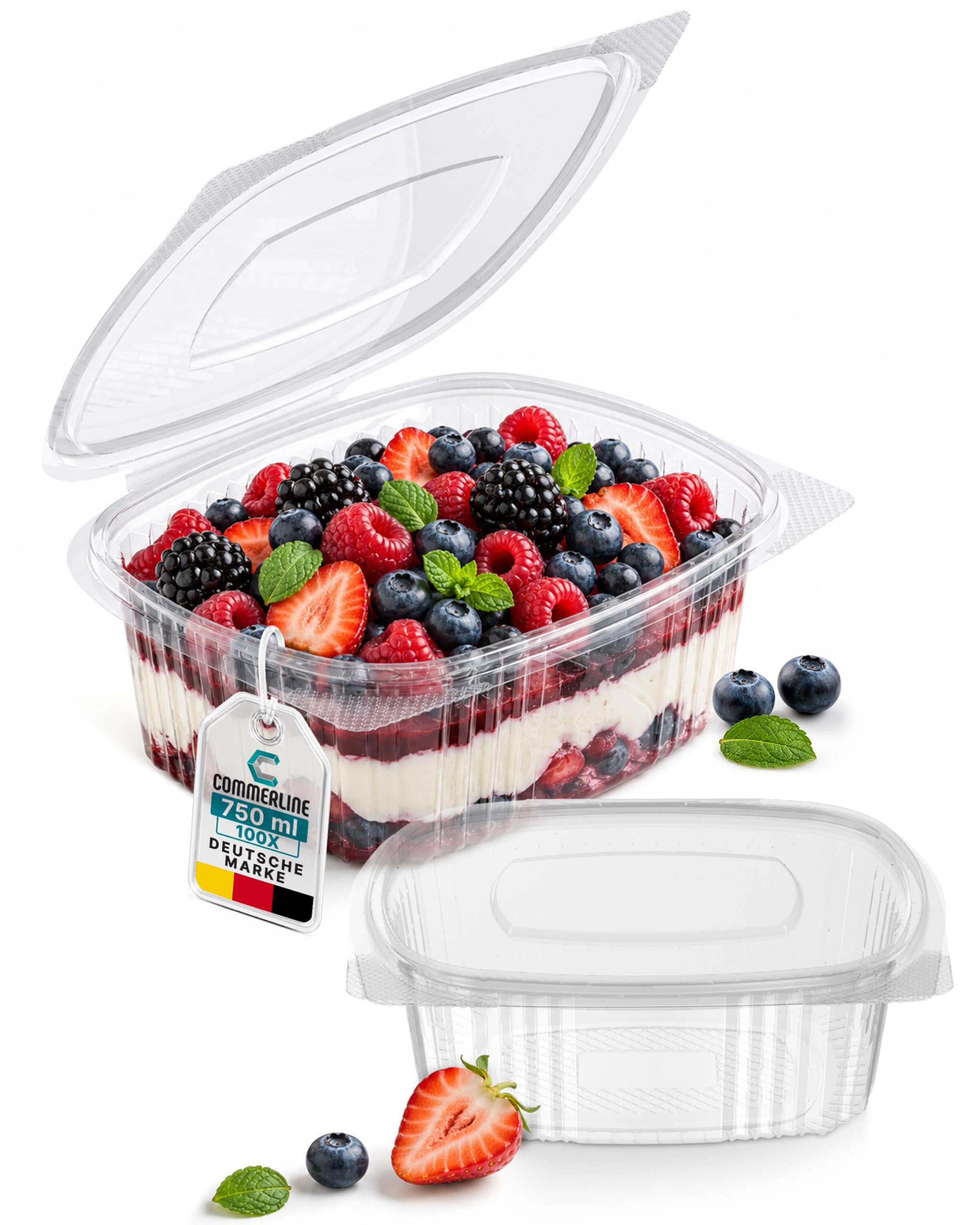 Commerline 300 Pezzi Ciotole Rettangolari da 1500 ml con Coperchio | Contenitori a Conchiglia in Plastica Trasparente Alimenti | Contenitori Preparazioni Fredde Servizio di Consegna, Asporto