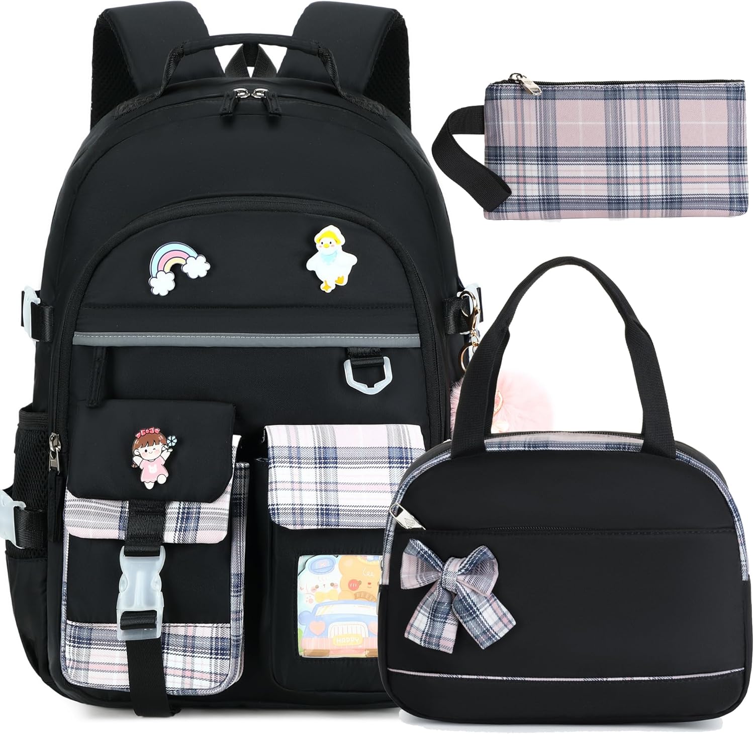 KIDNUO Backpack for Girls 15.6 Inch Laptop School Bag Kids Elementary College 3pcs Backpacks Lunch box Pencil Case Set Bookbags for Girls Teen Women Student Black