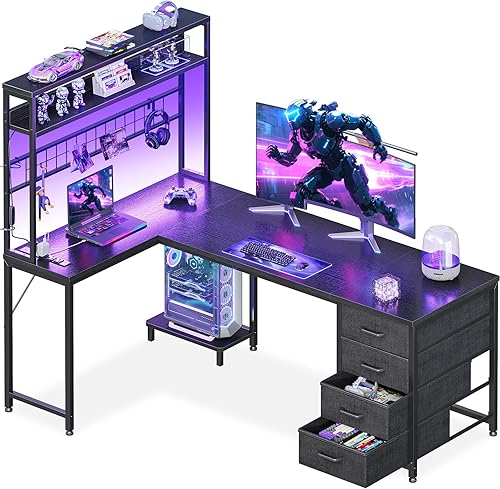 AODK Escritorio para juegos en forma de L con 4 cajones, escritorio reversible para computadora de 59 pulgadas con gabinete y estantes, escritorio