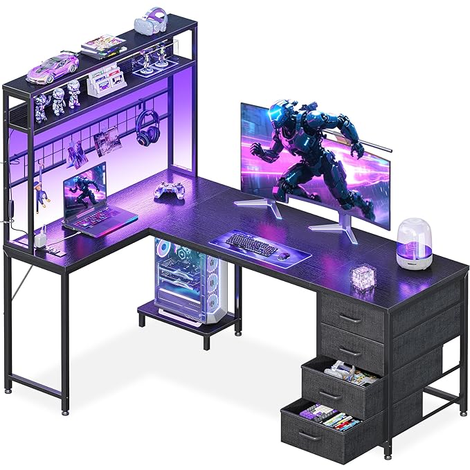 AODK L Shaped Gaming Desk with 4 Drawers