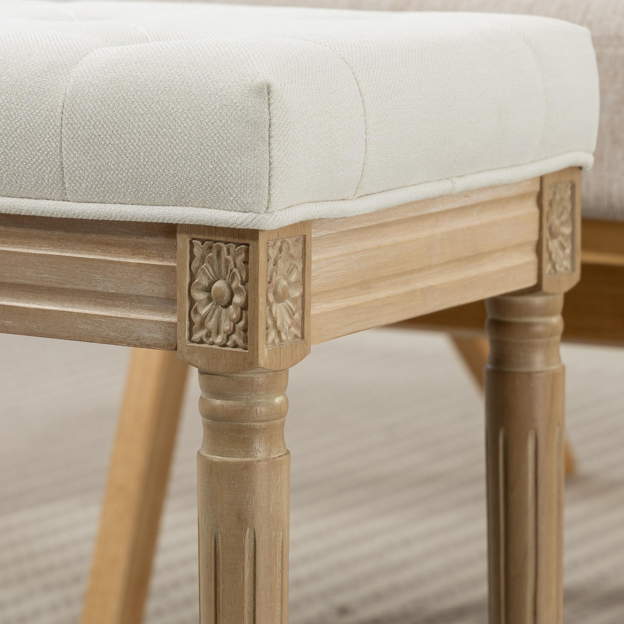 HOMCOM Reposapiés Salón Rústico Tapizado para Dormitorio Sofá Beige | Taburete Bajo, Lino Sintético, Patas Talladas de Madera, Otomana