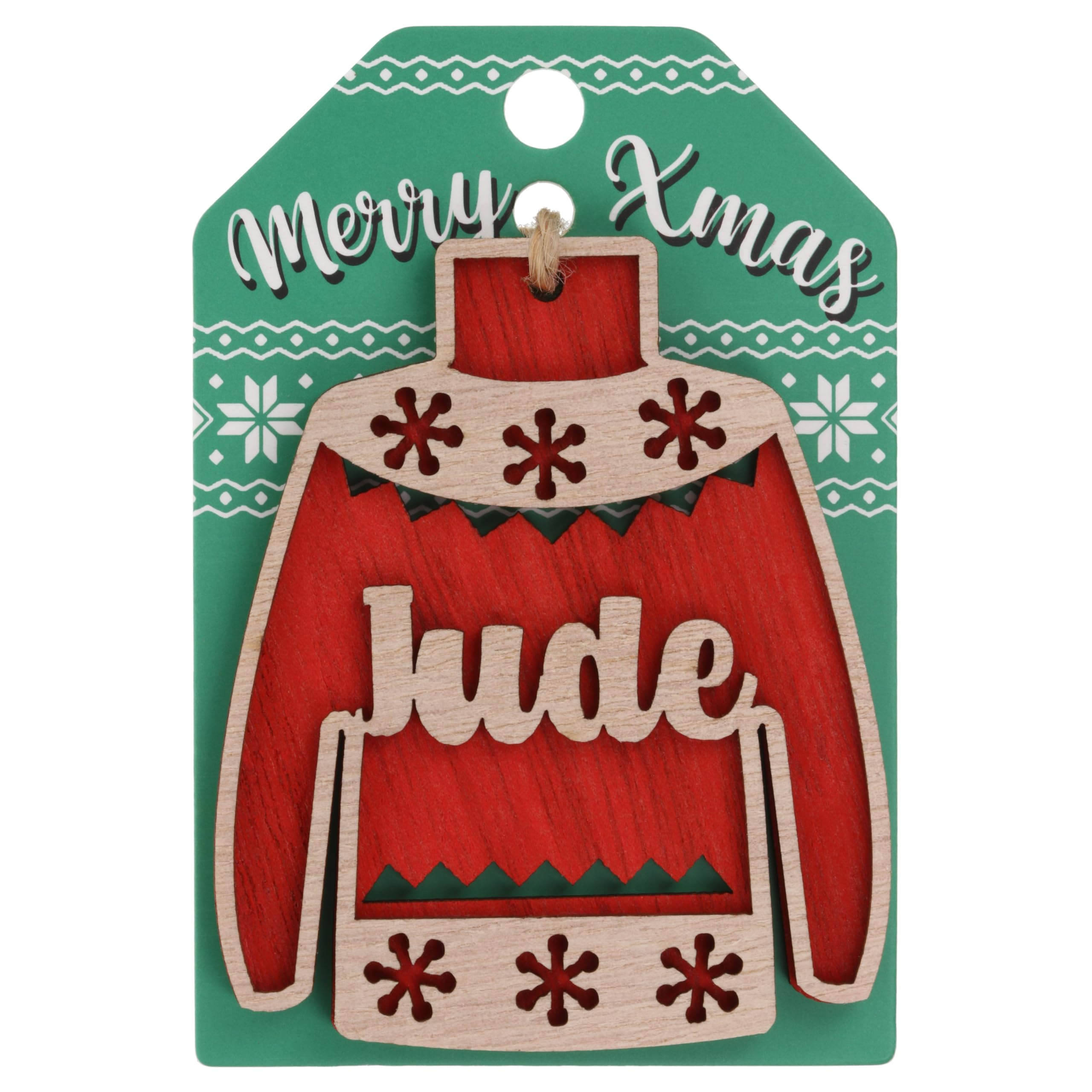 Jude Name Christmas Jumper Wooden Tree Decoration Personalised Bauble Xmas Red