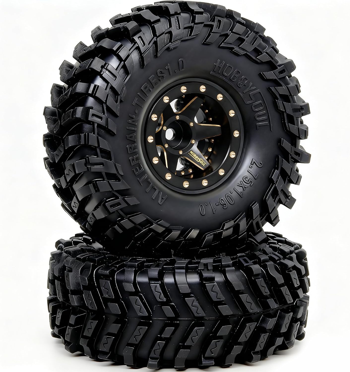 HOBBYSOUL Brass RC 1.0 wheels and tires 70mm Tall, Soft Sticky 1.0 All Terrain Tires Tyres & 1.0 beadlock wheels Negative Offset Rims Black For RC Crawler TRX4M SCX24