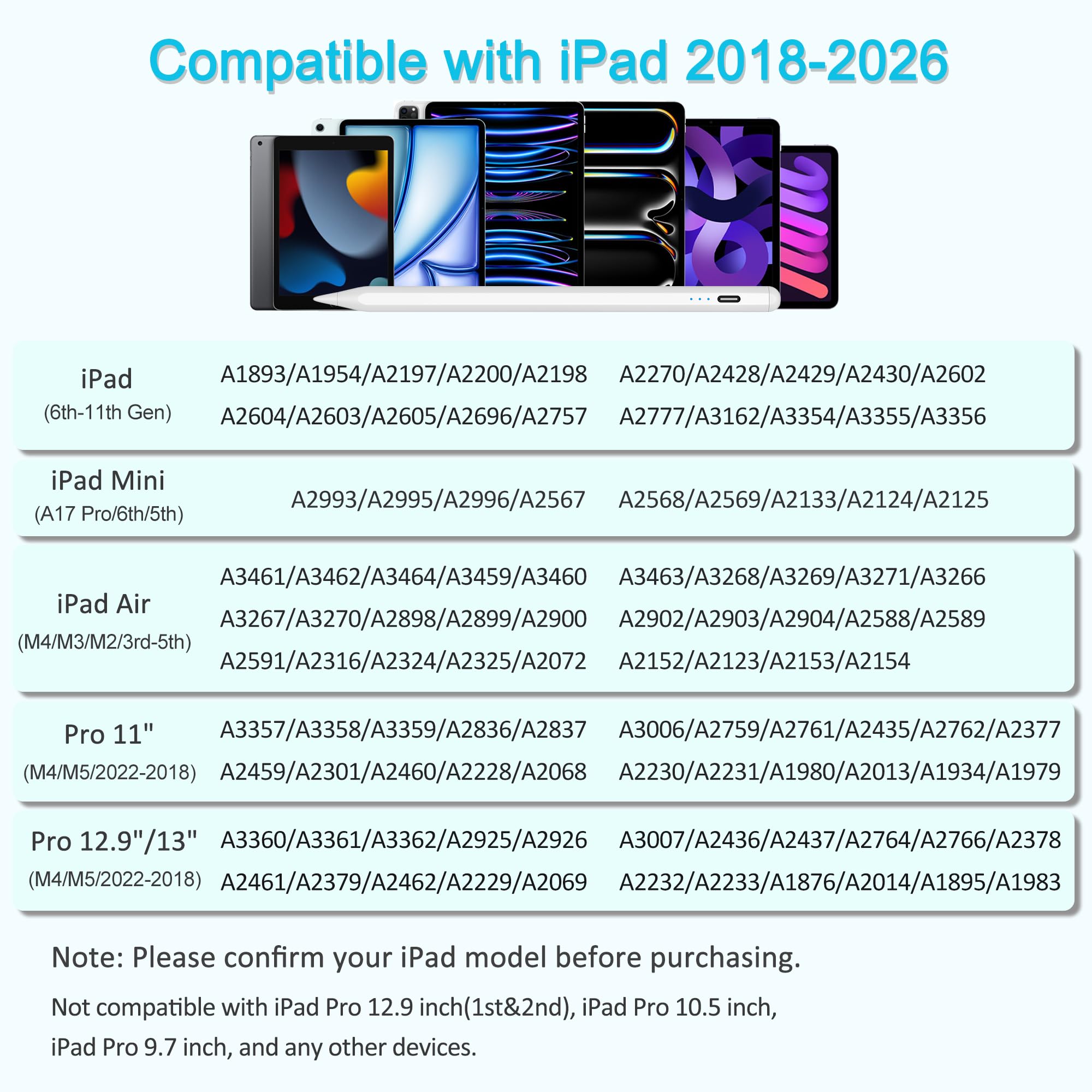 Lápiz para iPad 2018-2025, Carga Rápida, función de inclinación, Rechazo de Palma Pencil para iPad A16 11.ª/10.ª/9.ª/8.ª-6.ª generación, Air M2 M3 11/13/5.ª-3.ª, Pro 12,9/13/11 M4, Mini A17 Pro/6/5