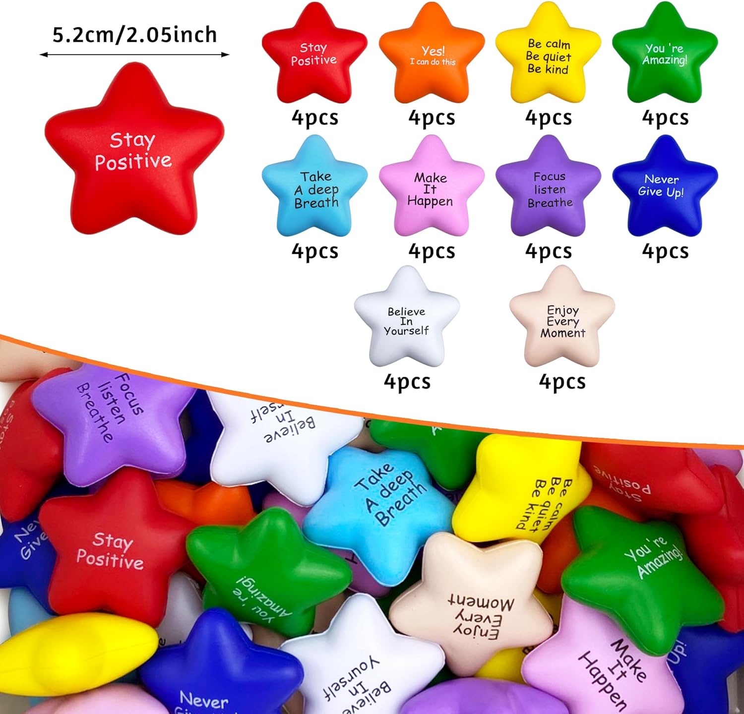 40PCS Star Shape Colorful Foam Motivational Stress Relief Ball with Motivational Language Hand Exercise Gift for Office and Home Use (10